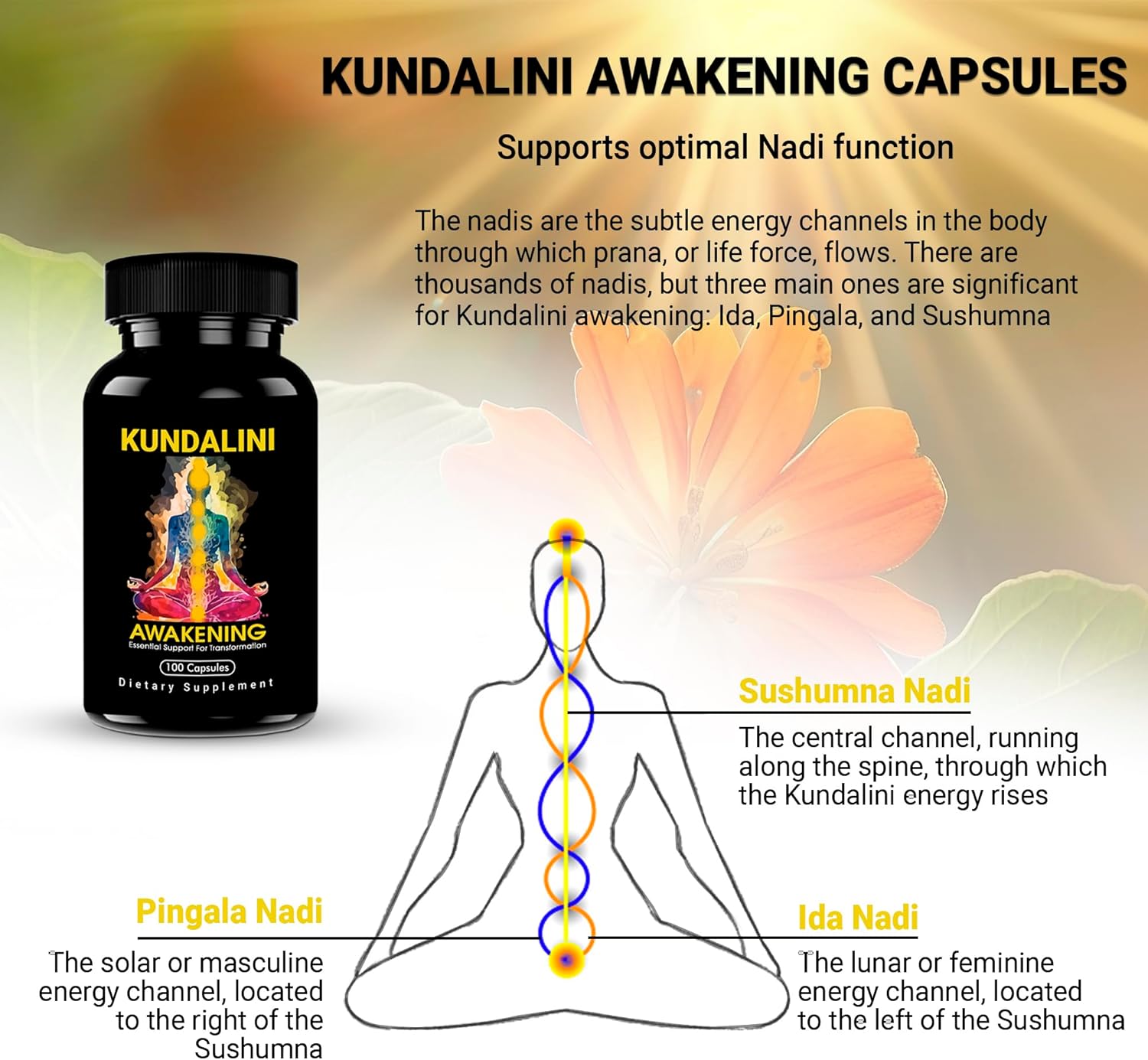 Explains the benefits of the product for supporting optimal Nadi function and Kundalini awakening, highlighting the three main energy channels in the body.