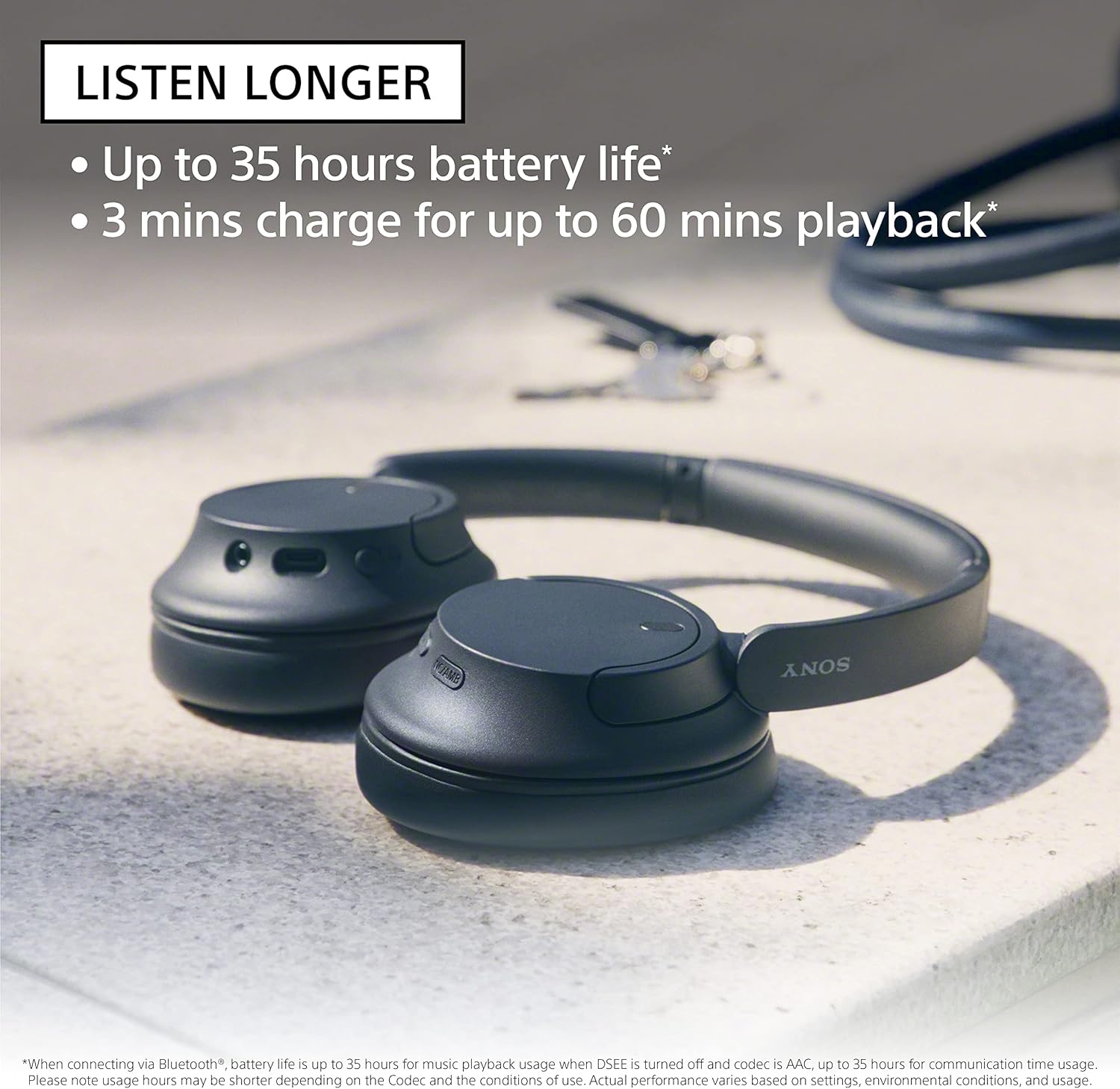 Highlights the extended battery life and quick charging capability of the headphones to appeal to users who value long listening sessions.