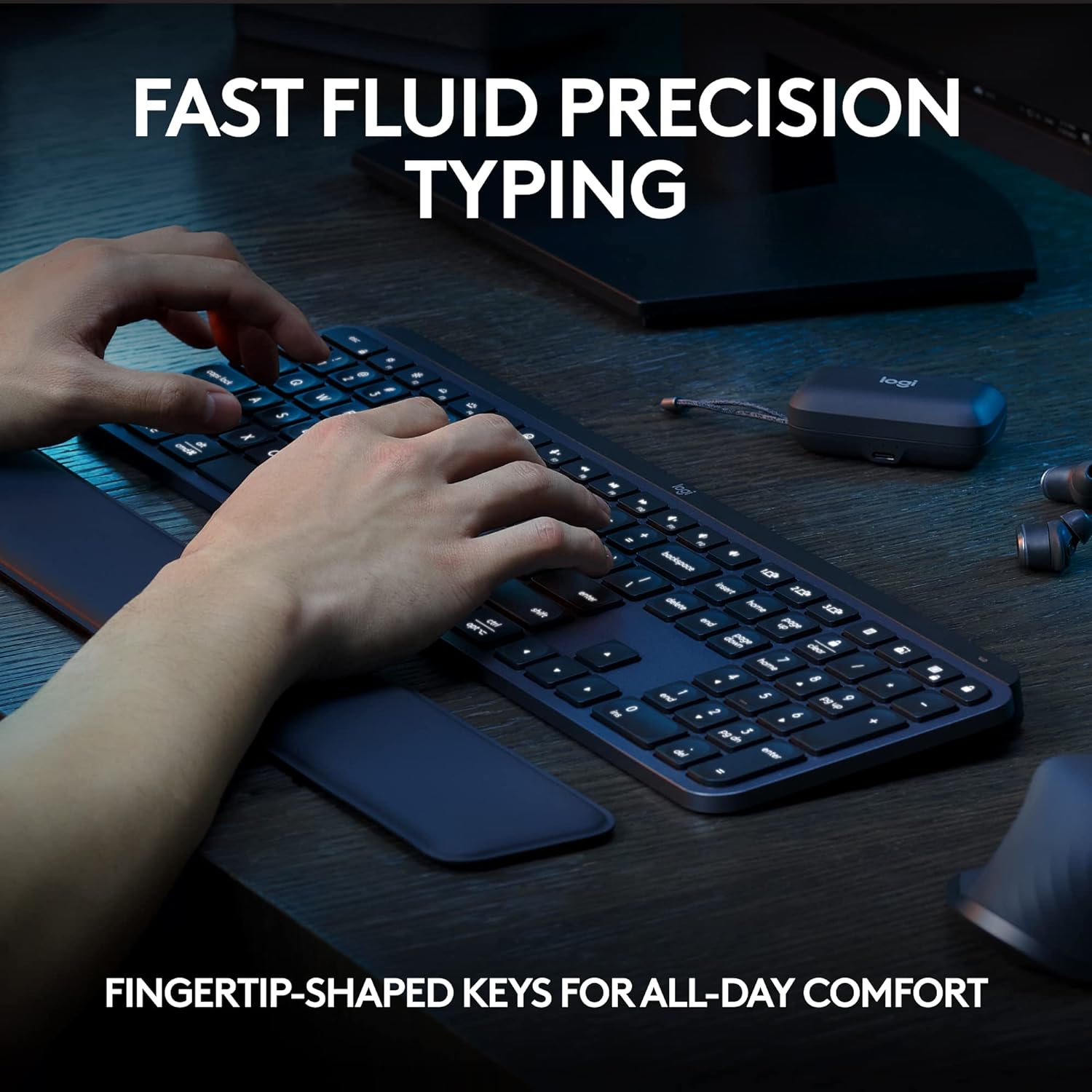 Highlights the keyboard's ergonomic design with fingertip-shaped keys for comfortable, precise typing.