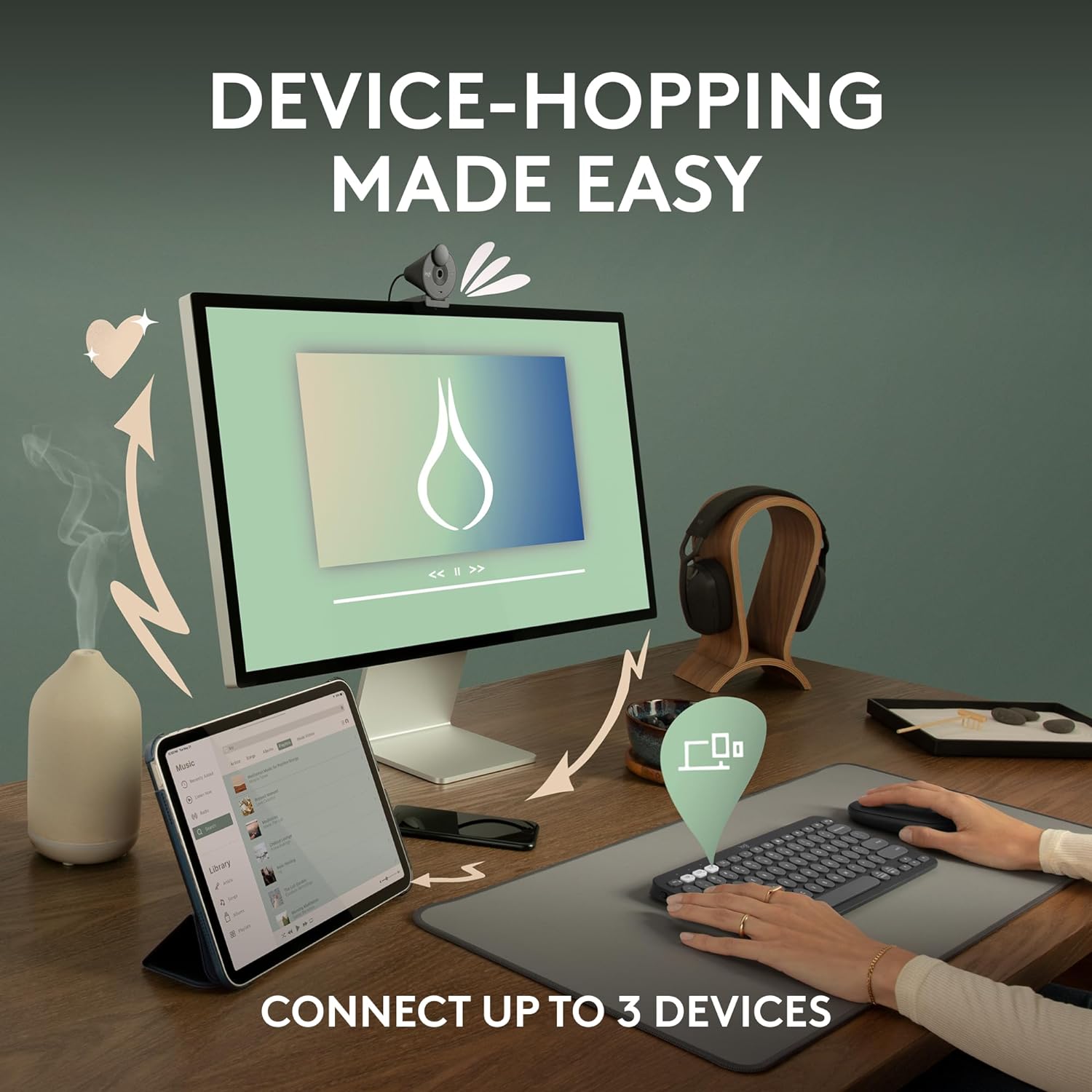 Demonstrates the product's ability to connect and easily switch between multiple devices, enhancing user convenience and productivity.