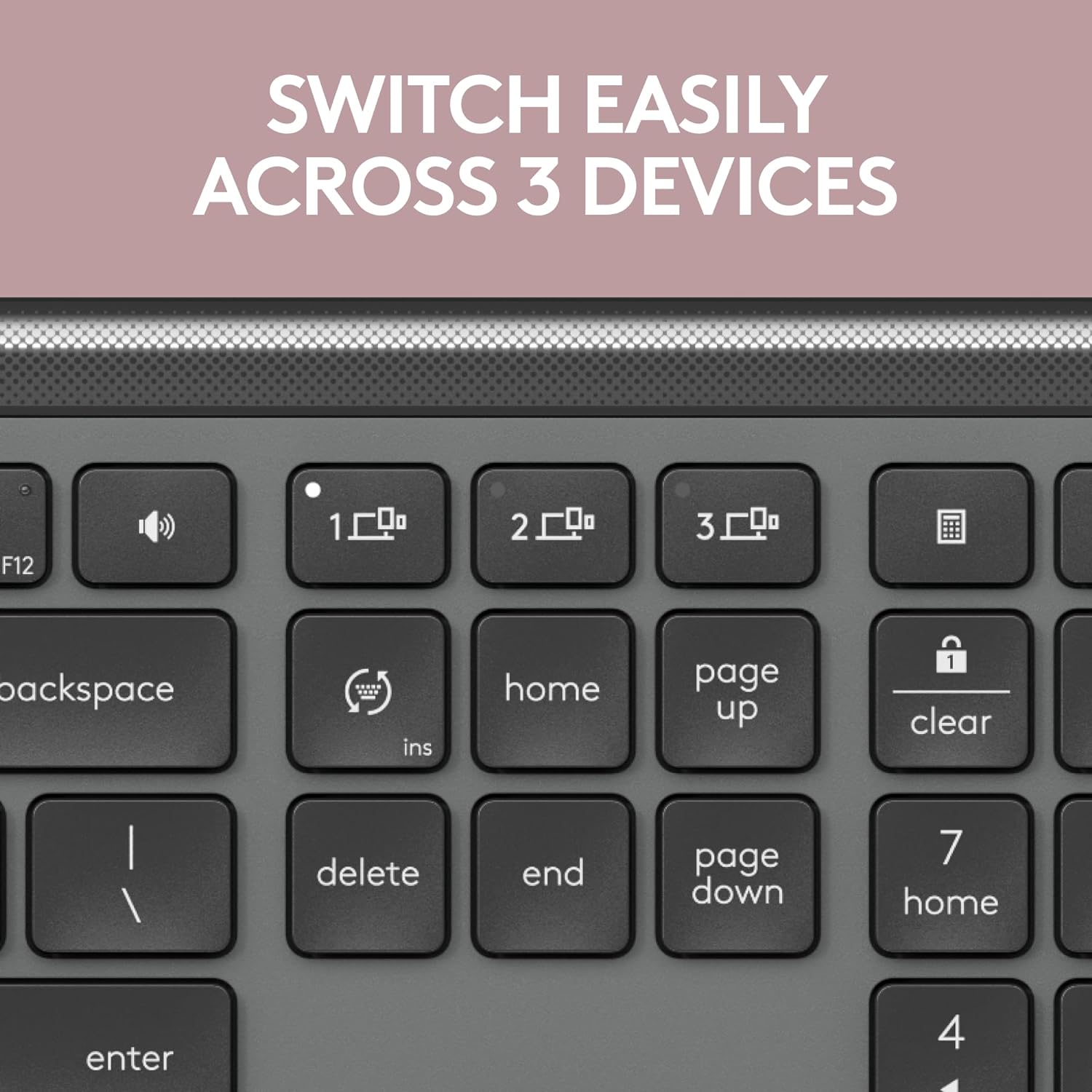 Highlights the keyboard's ability to easily switch between 3 different devices, emphasizing convenience and versatility for users with multiple devices.