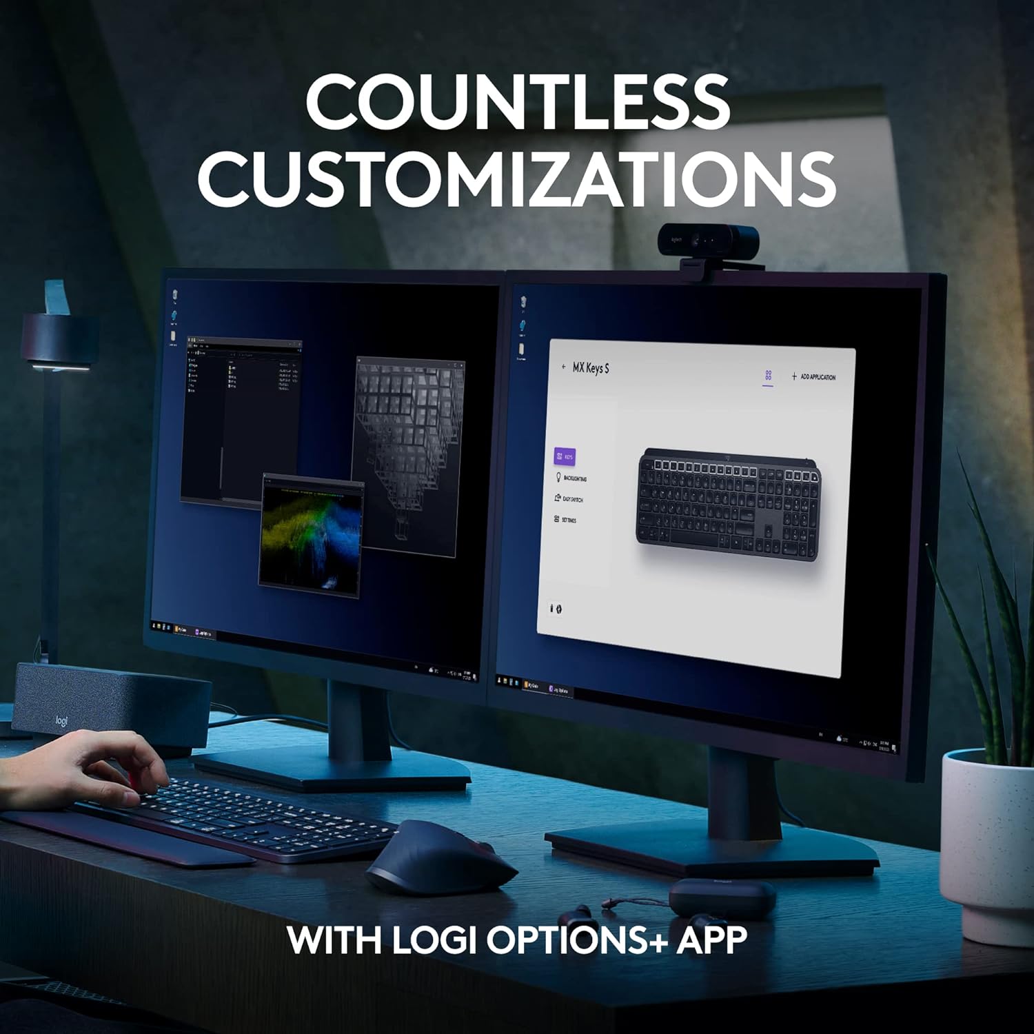 Showcases the product's extensive customization capabilities and integration with Logi Options+ software, emphasizing versatility and user control.