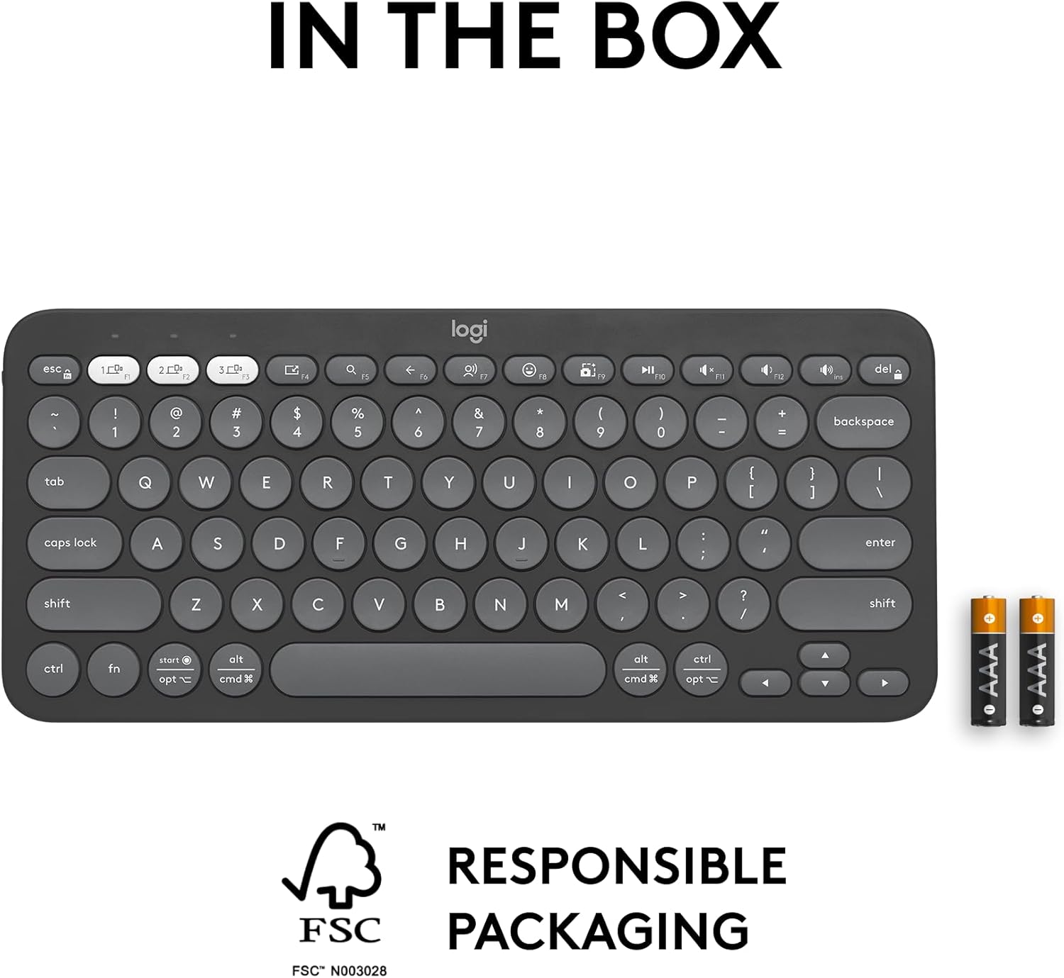 Shows the complete package contents, including the keyboard and batteries, to inform customers of everything included with their purchase.