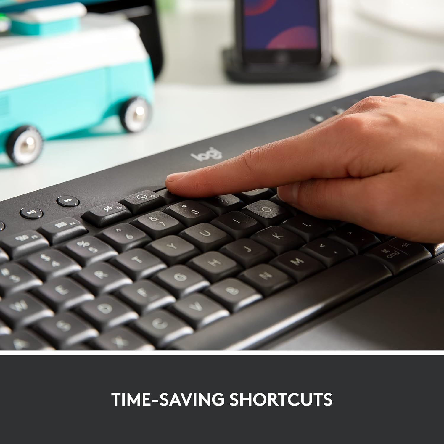 Highlights the keyboard's time-saving shortcut features to appeal to productivity-focused users.