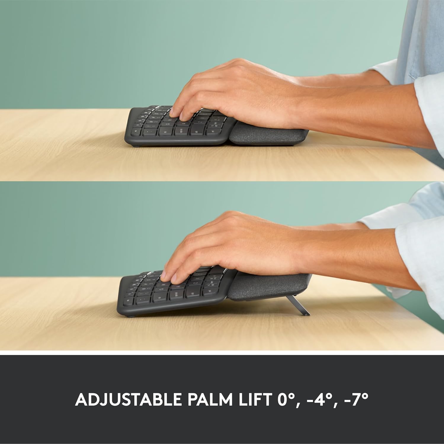Demonstrates the ergonomic design feature of adjustable palm lift angles to improve typing comfort and reduce wrist strain.