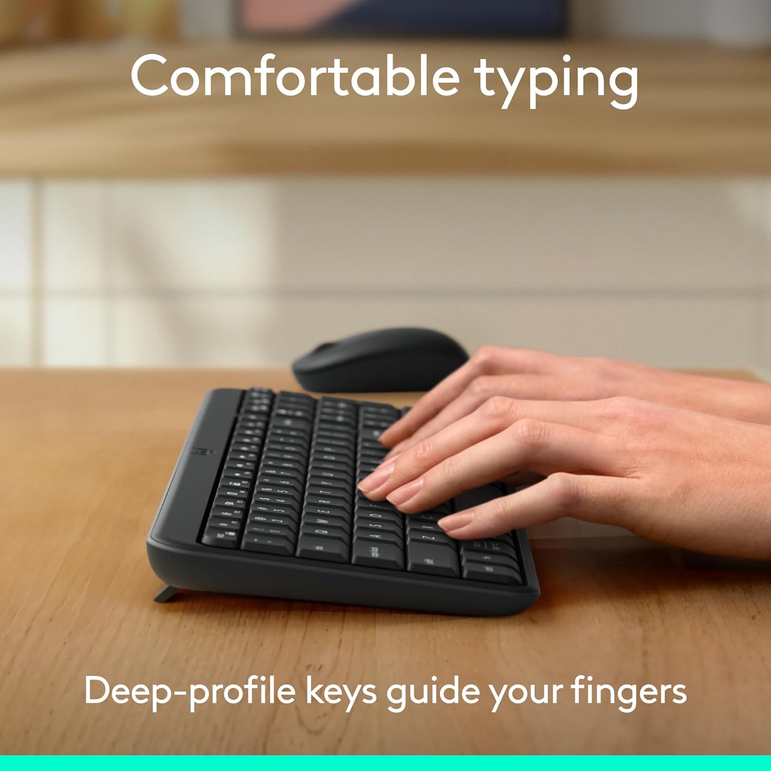 Highlights the ergonomic design of the keyboard with deep-profile keys for comfortable typing, reassuring potential buyers about the product's usability.