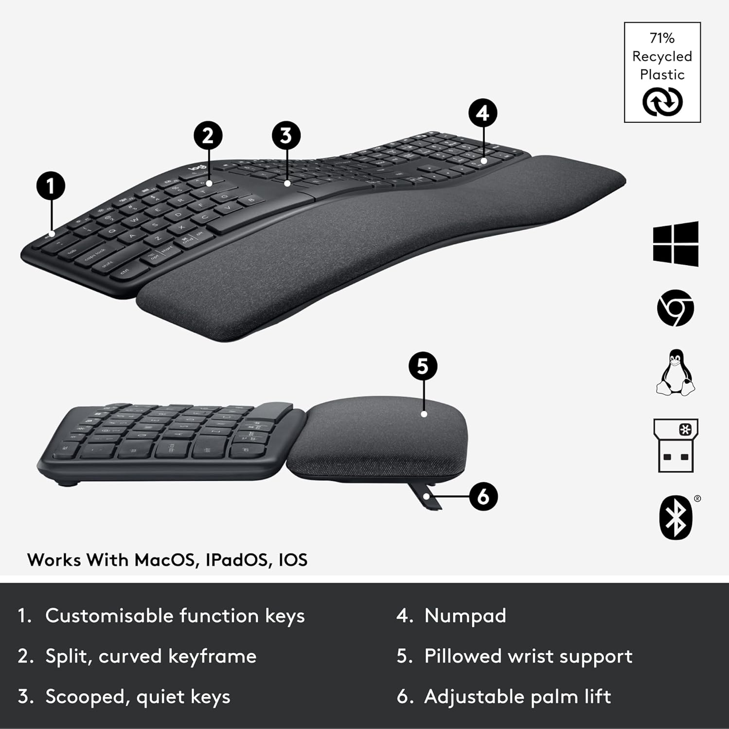Highlights the key ergonomic and functional features of the keyboard to demonstrate its comfort and usability.