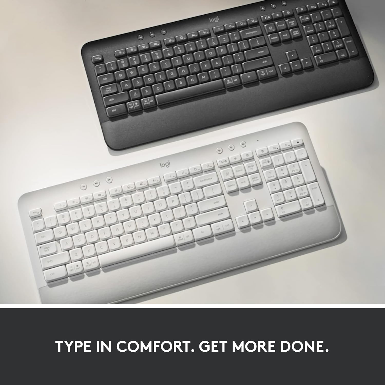 Showcases two color options for the keyboard while emphasizing comfort and productivity benefits.
