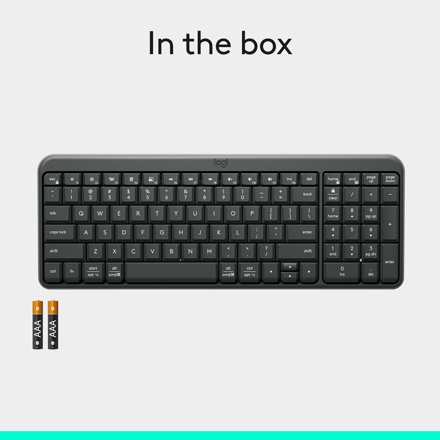 Shows the complete package contents, including the keyboard and batteries, to inform customers of everything they will receive.