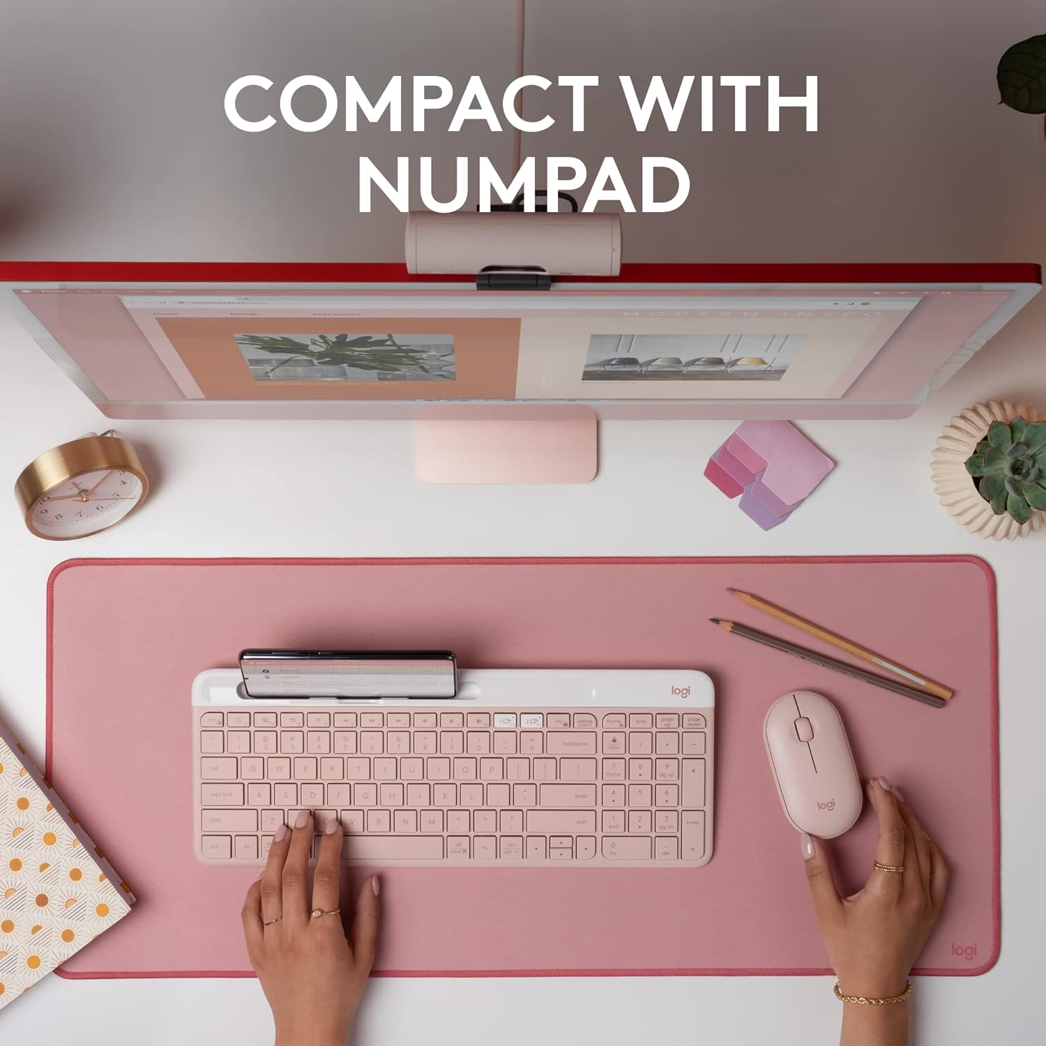 Highlights the keyboard's compact design that still includes a full numpad, appealing to users who want a space-saving keyboard without sacrificing…