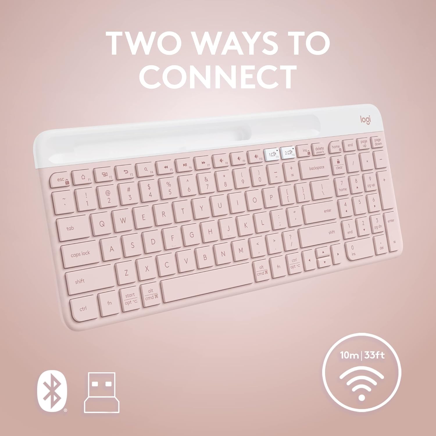 Highlights the keyboard's compatibility with both Bluetooth and USB wireless connections, offering users flexibility in how they connect the device.