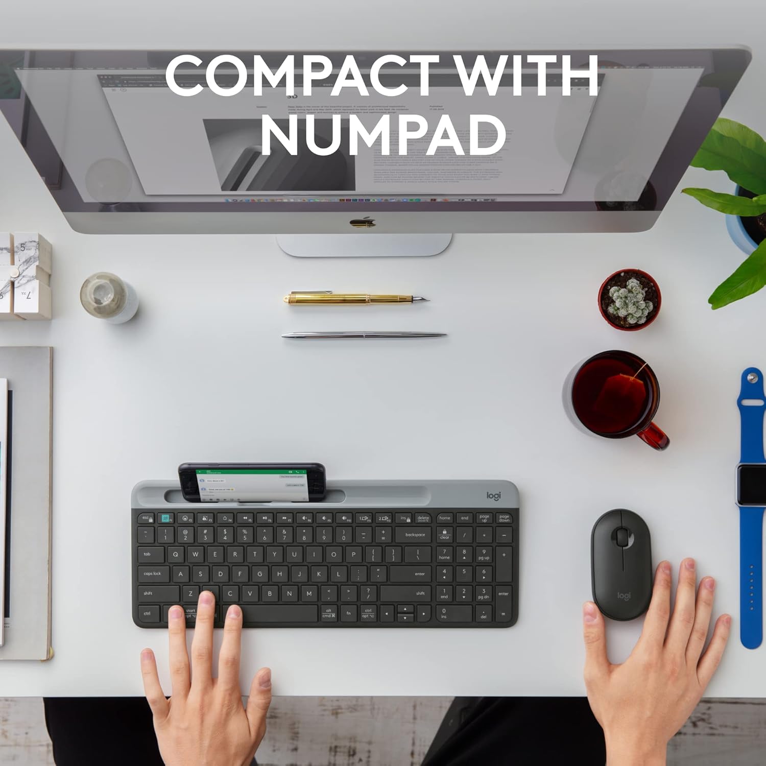 Highlights the keyboard's compact design that still includes a full numpad, appealing to users who want a space-saving keyboard without sacrificing…