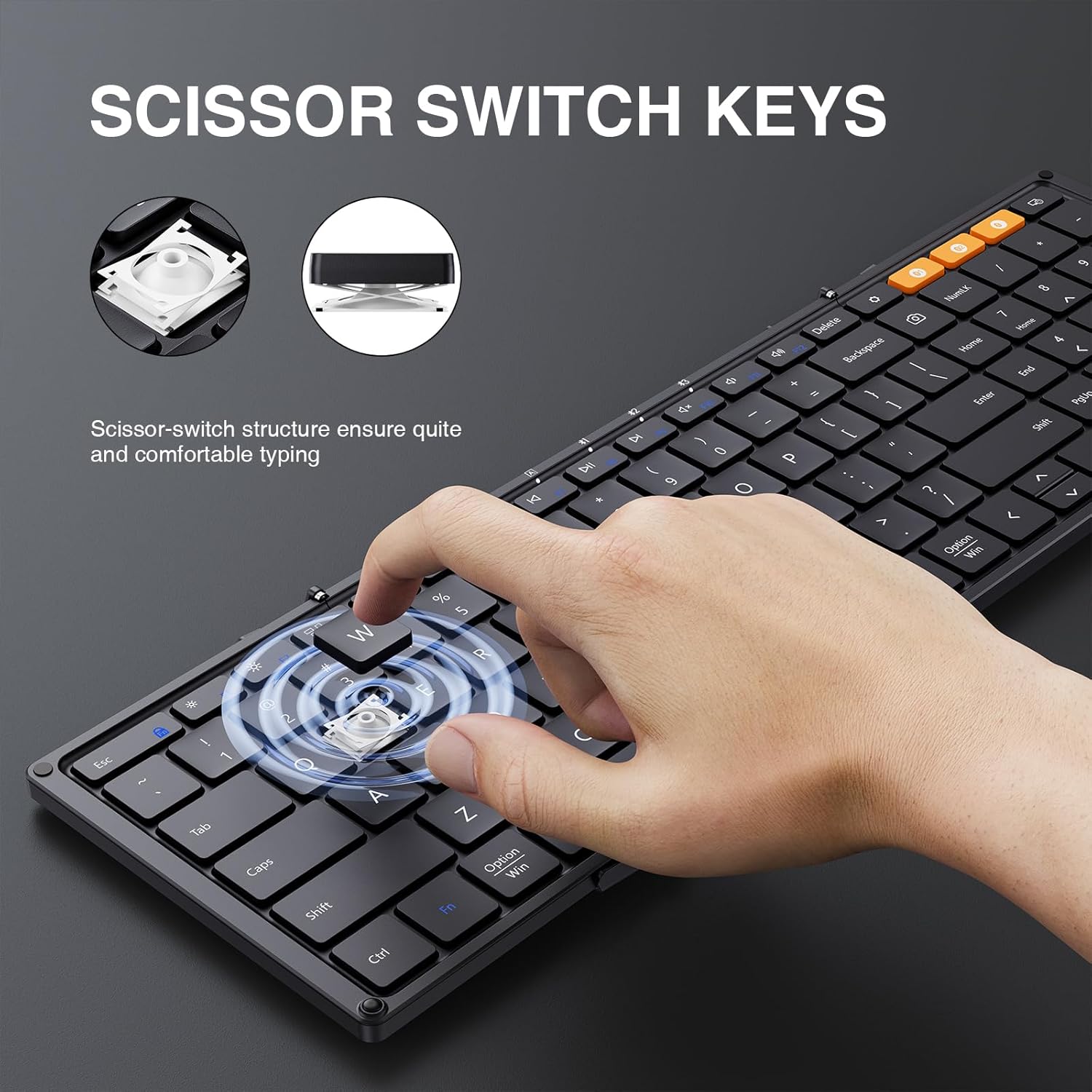 Highlights the keyboard's scissor-switch key mechanism to communicate quiet and comfortable typing experience.
