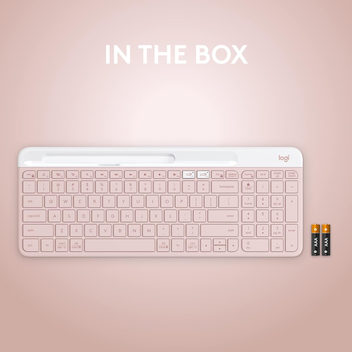 Shows the complete package contents, including the keyboard and batteries, to inform customers of everything they'll receive.