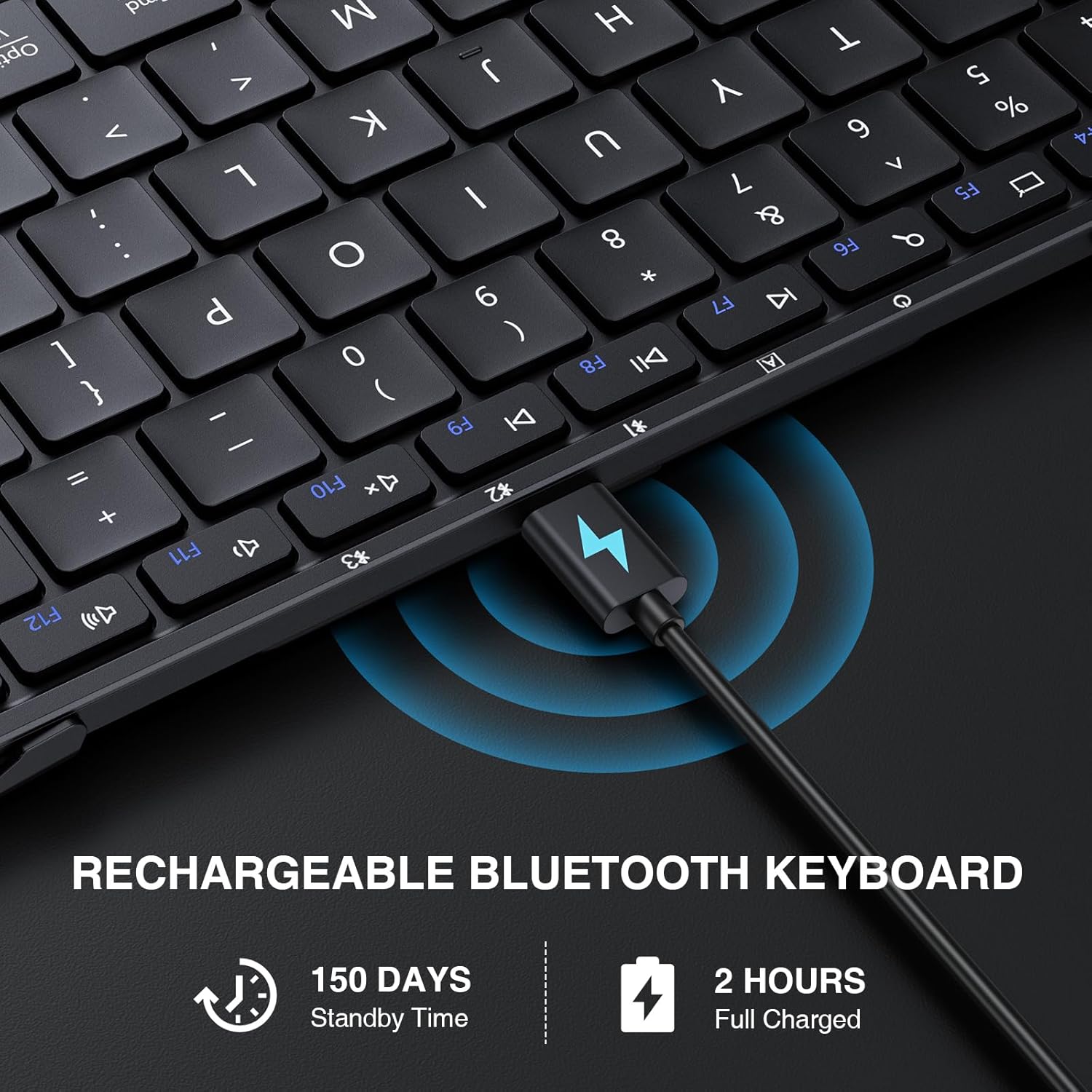 Highlights the keyboard's rechargeable battery with long standby time and quick charging capability, emphasizing convenience and reliability.