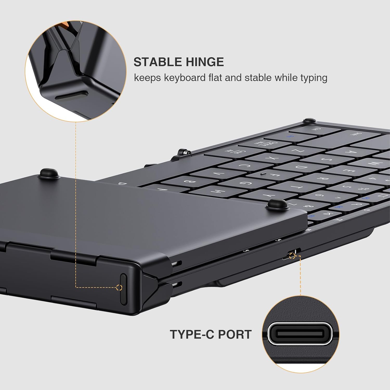 Highlights the keyboard's stable hinge feature that keeps it flat and stable while typing, improving user experience. Shows the keyboard's compatibility with…