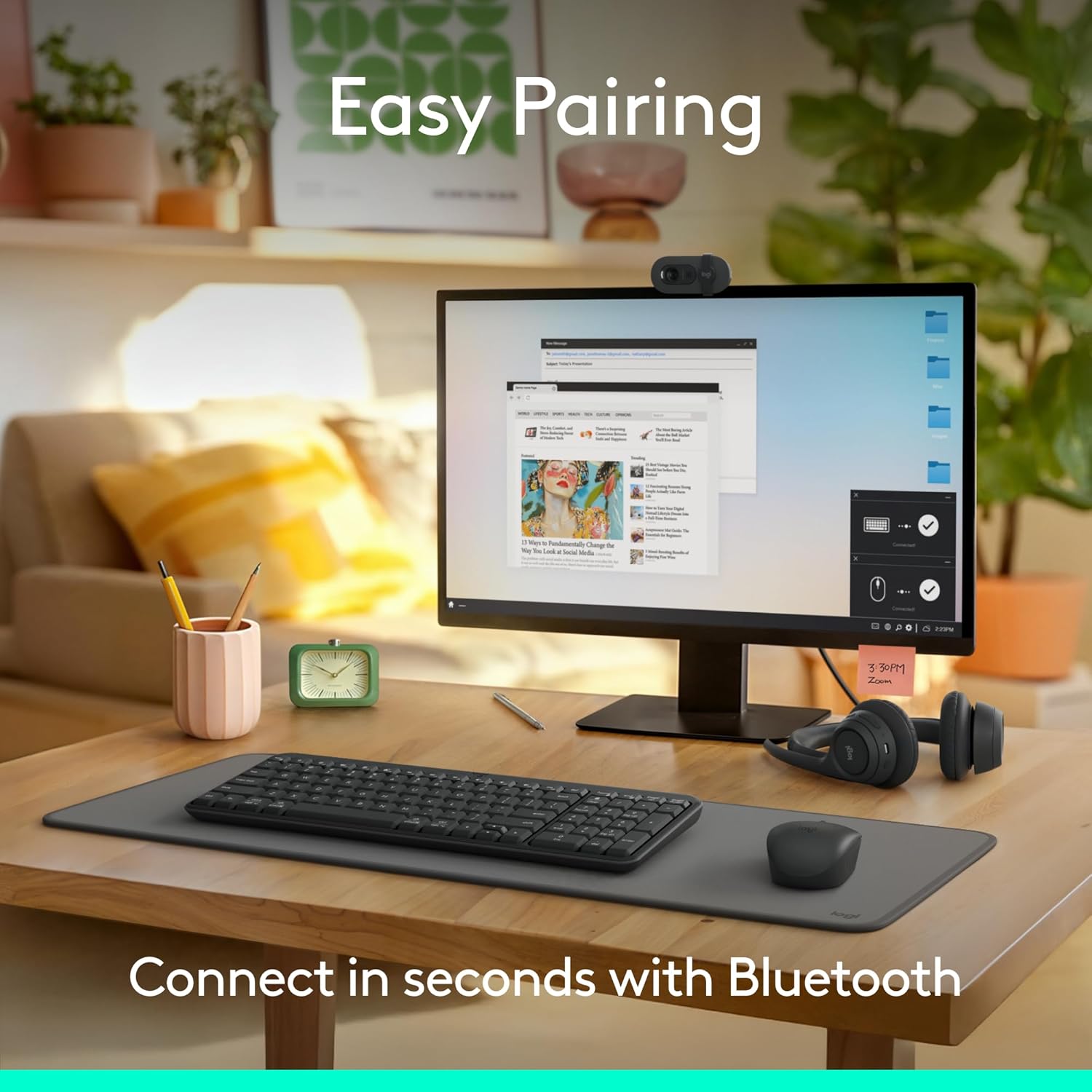 Demonstrates how quickly and easily the product can be connected via Bluetooth, emphasizing convenience for the user. Highlights the product's key feature of connecting in seconds with Bluetooth,…
