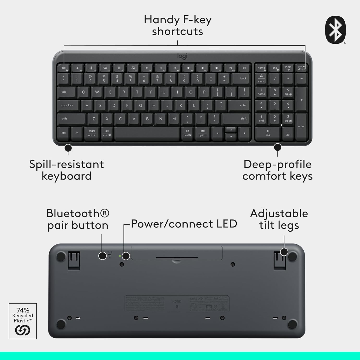 Highlights key features and components of the keyboard to showcase its functionality and design. Demonstrates the keyboard's Bluetooth connectivity and…