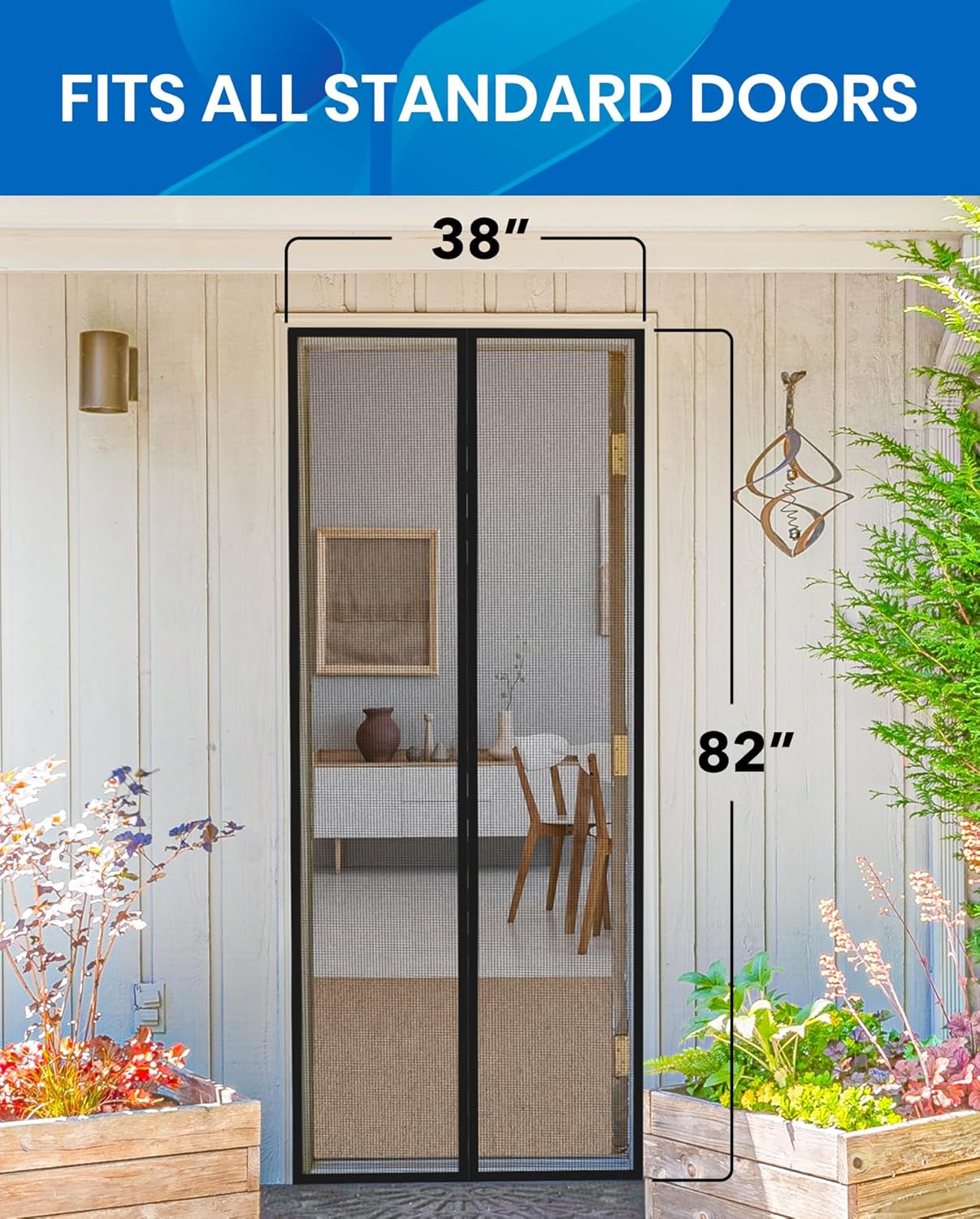 Informs customers that the product fits all standard doors by providing exact dimensions.