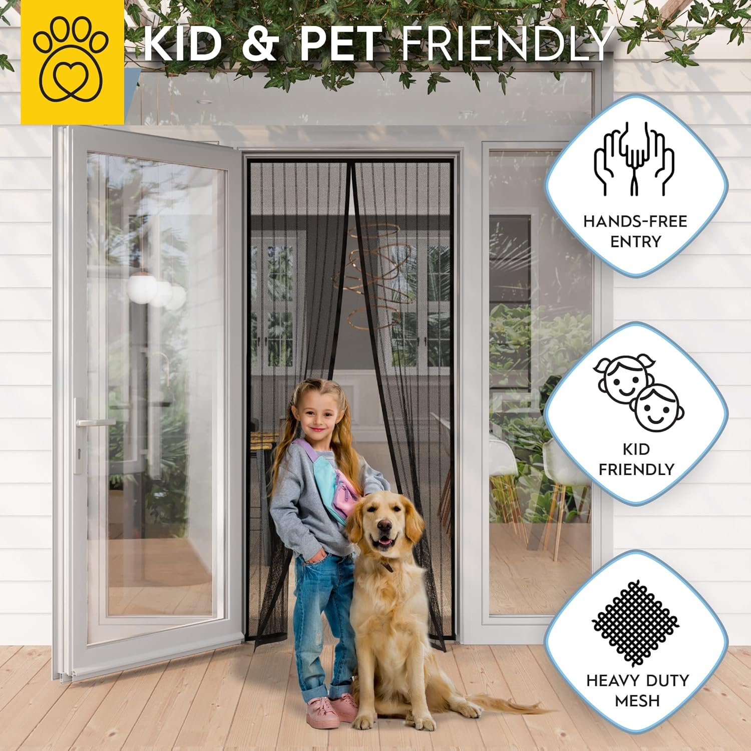 Highlights multiple benefits of the product for families with children and pets, emphasizing ease of use and durability.