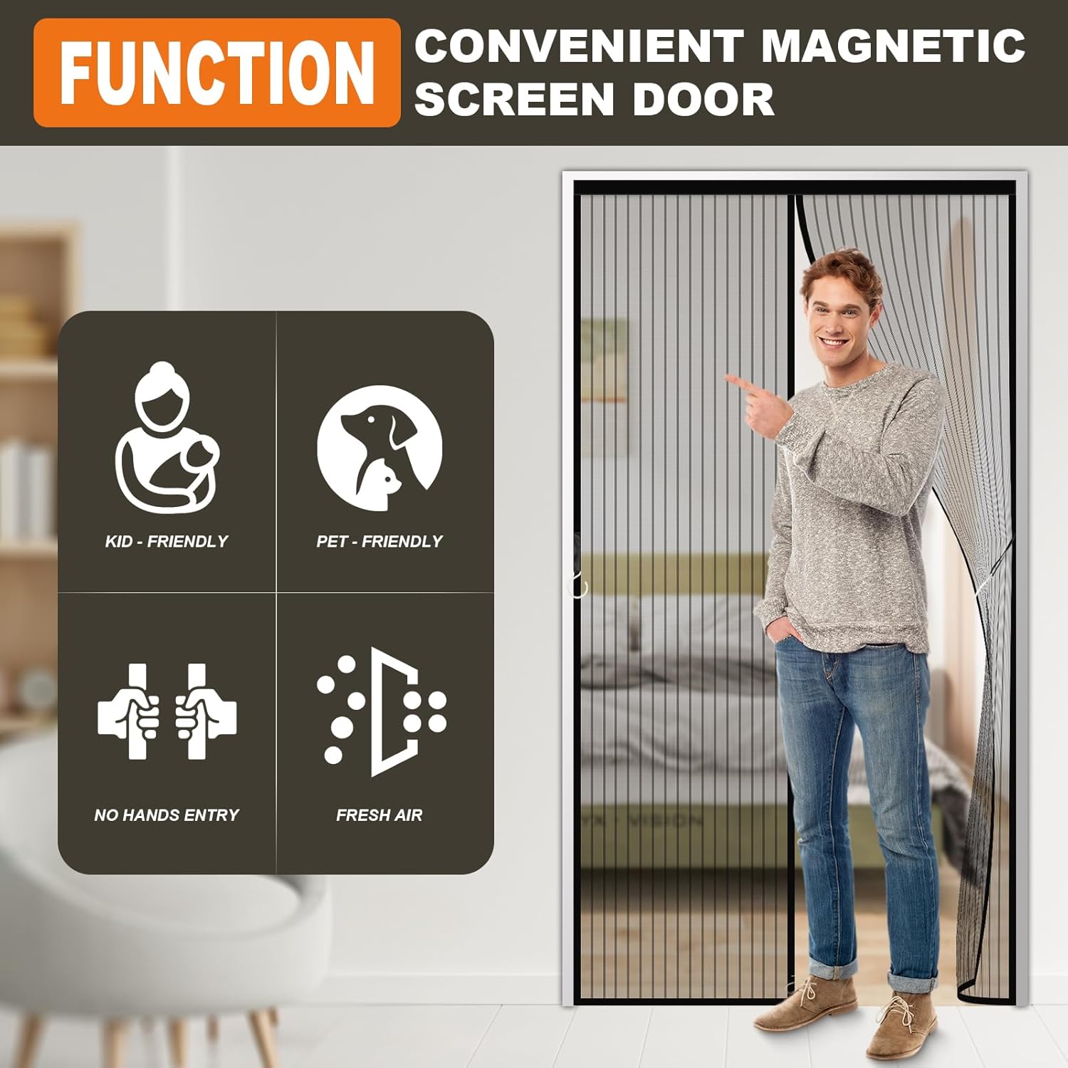 Highlights multiple benefits of the magnetic screen door to show its versatility and convenience for different household needs.