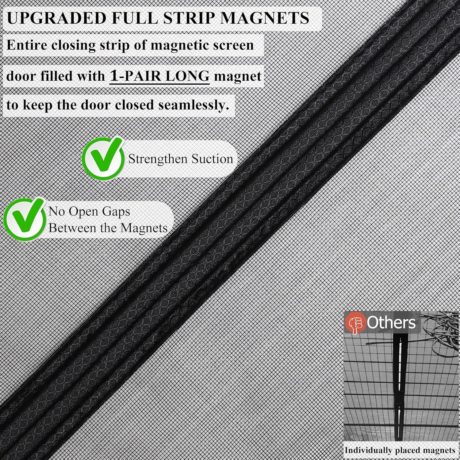 Highlights the upgraded magnetic closure system that provides a seamless, gap-free seal for the screen door.