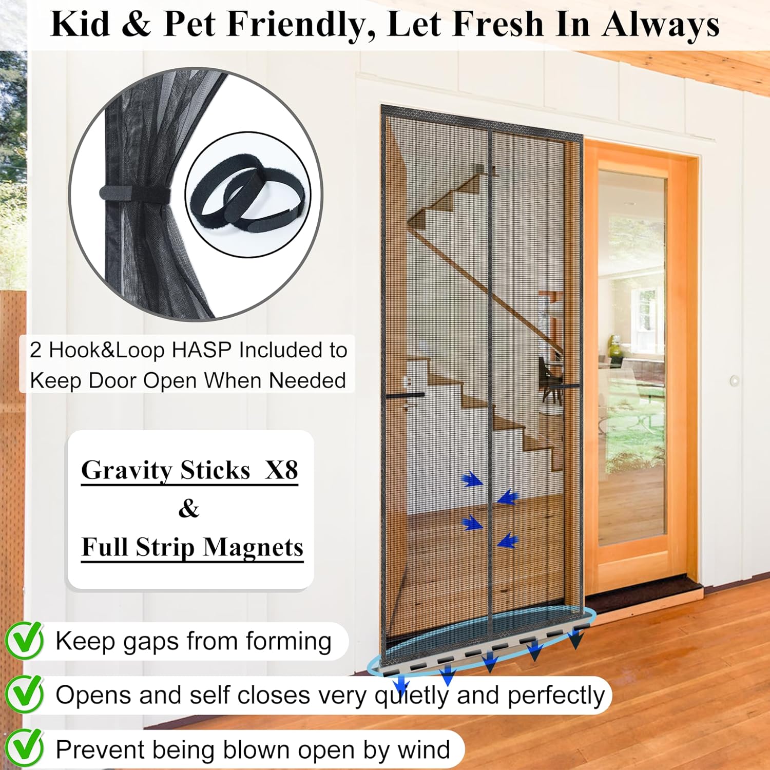 Highlights multiple features of the screen door to show it is family-friendly, easy to use, and stays securely closed. Explains the key components and installation features to reassure customers…