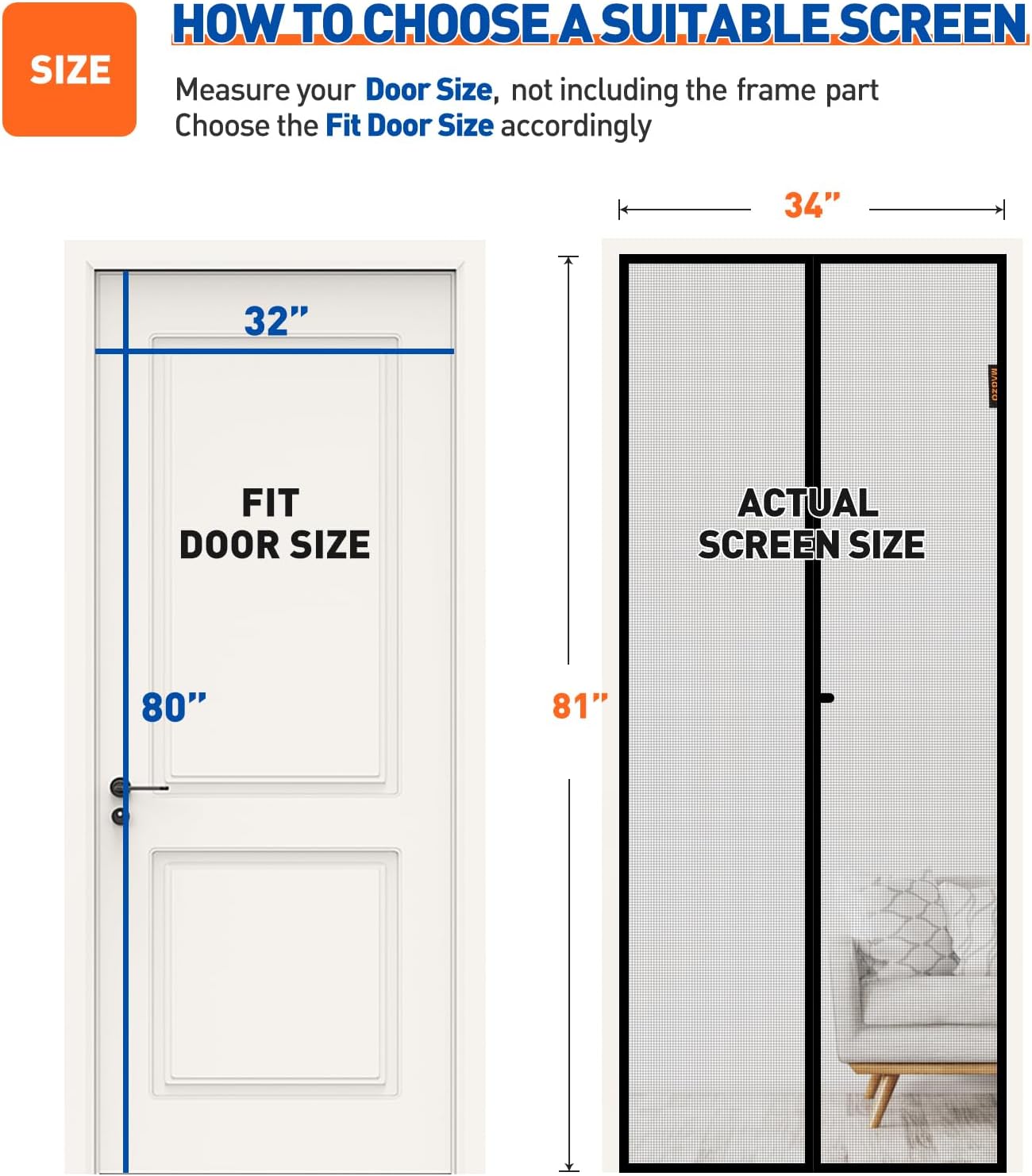 Guides customers on how to accurately measure their door size to choose the correct screen size.