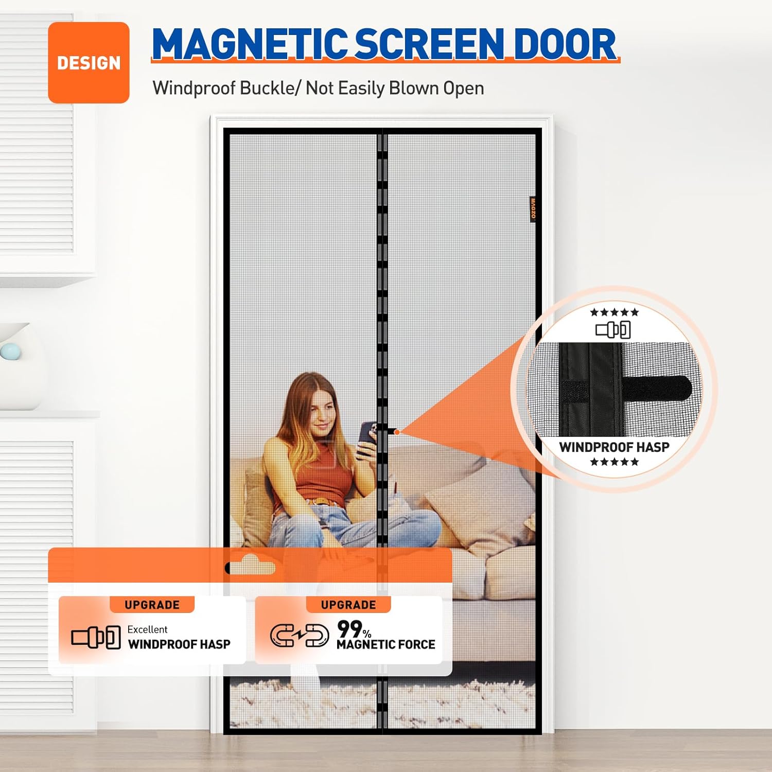 Highlights the magnetic screen door's windproof design and strong magnetic closure to reassure customers about its effectiveness and durability.