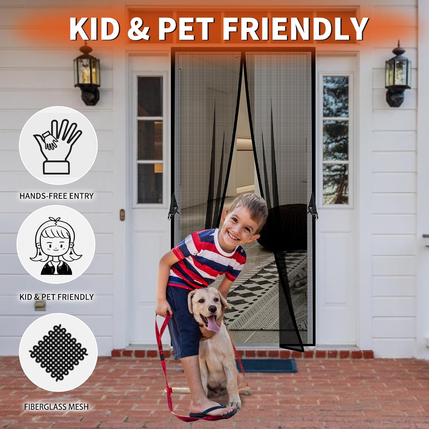 Demonstrates that the product is safe and convenient for families with children and pets, allowing easy access while keeping insects out. Shows how the product can be used in a family home setting,…