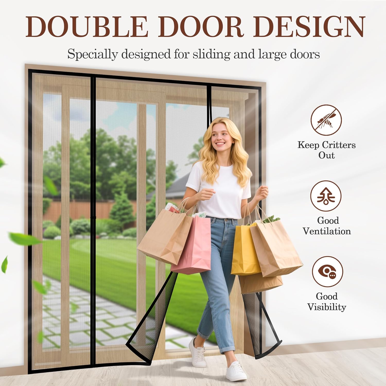 Highlights the product's double door design specifically for sliding and large doors, emphasizing its functionality for keeping out insects while allowing ventilation and visibility.