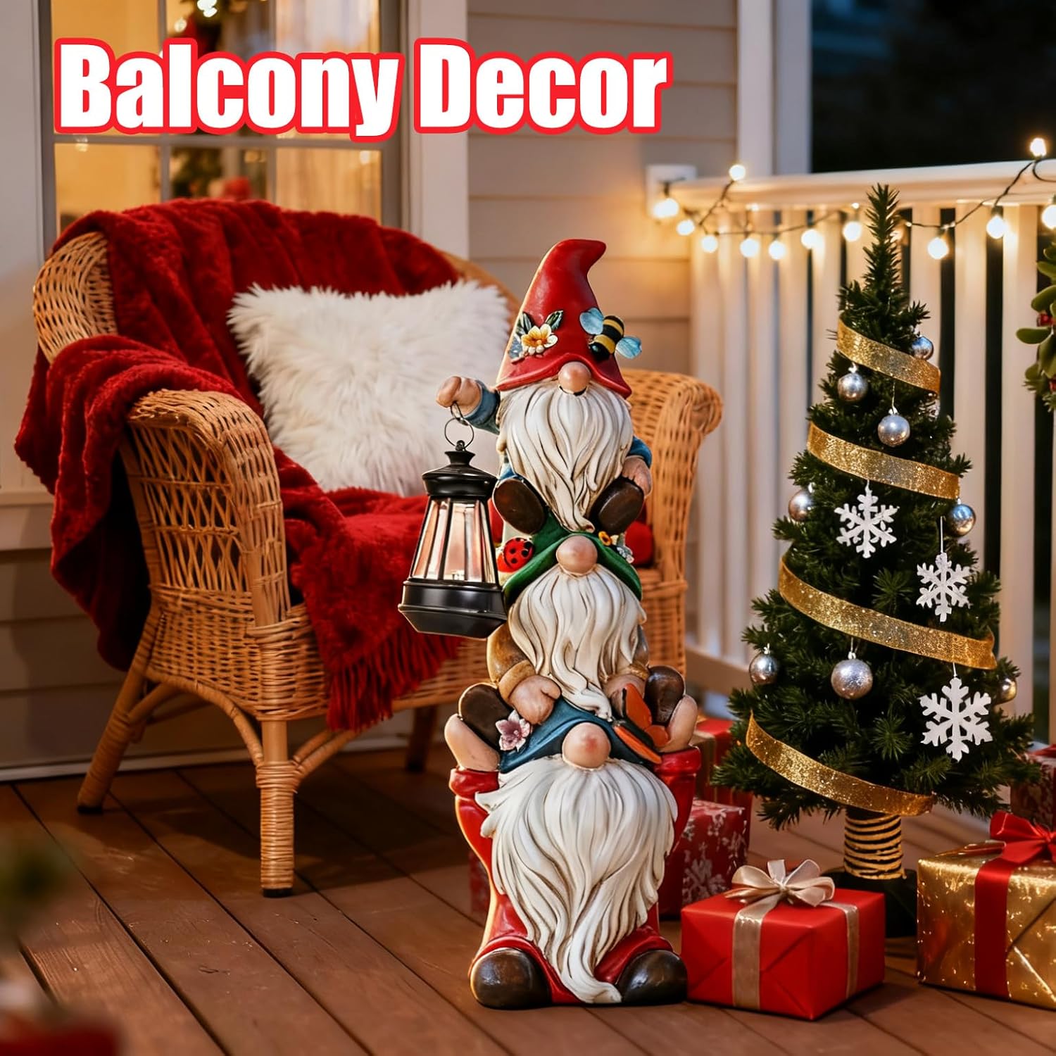 Showcases festive Christmas decorations to inspire holiday balcony decorating ideas. Demonstrates how to transform a balcony into a cozy holiday-themed outdoor living area.