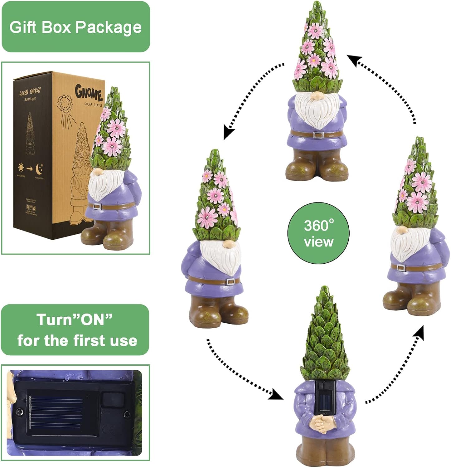 Demonstrates how to activate and use the solar-powered gnome light, showing its 360-degree illumination feature. Shows that the product comes in attractive gift box packaging, making it suitable as…
