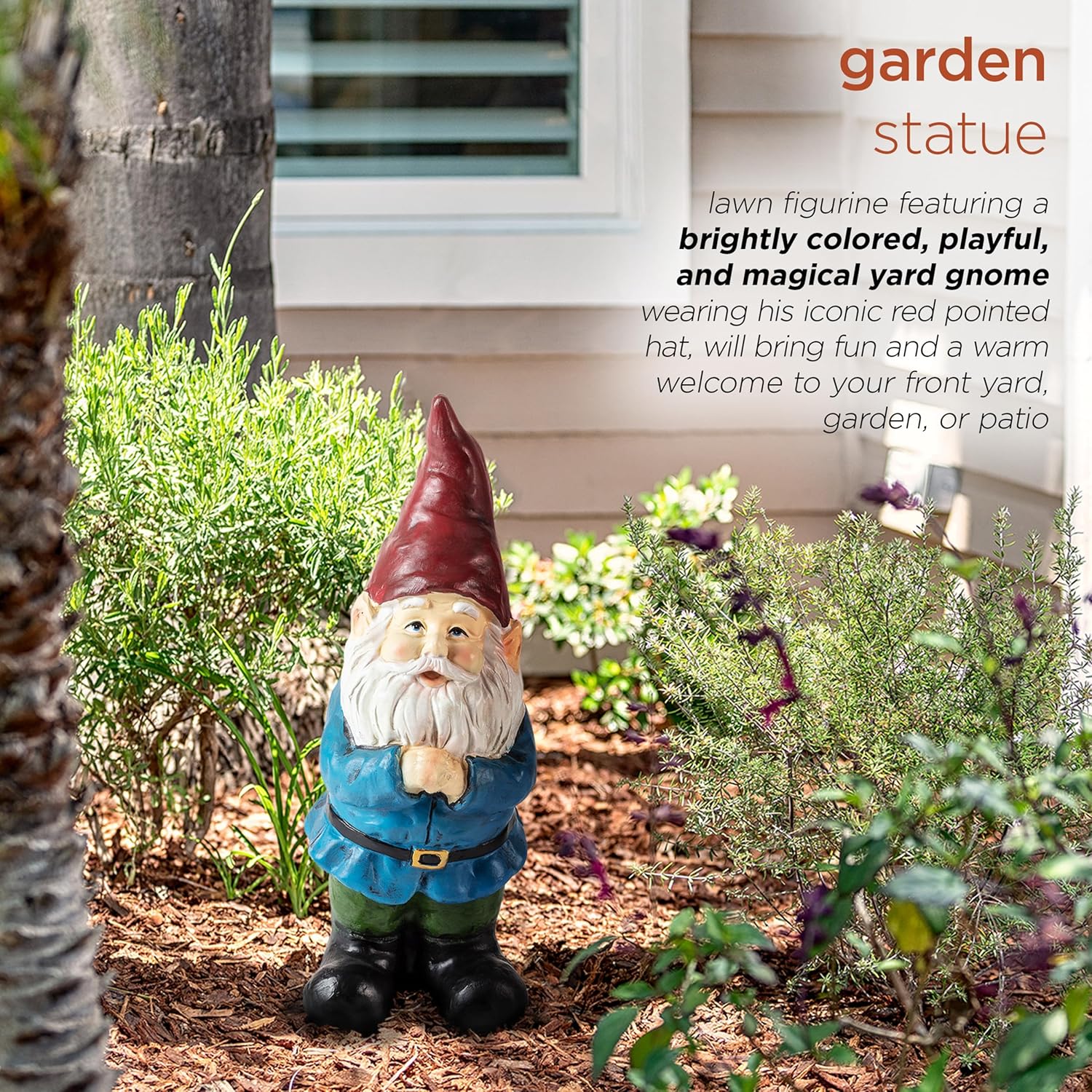 Highlights the playful and decorative nature of the garden gnome statue to add charm to outdoor spaces.
