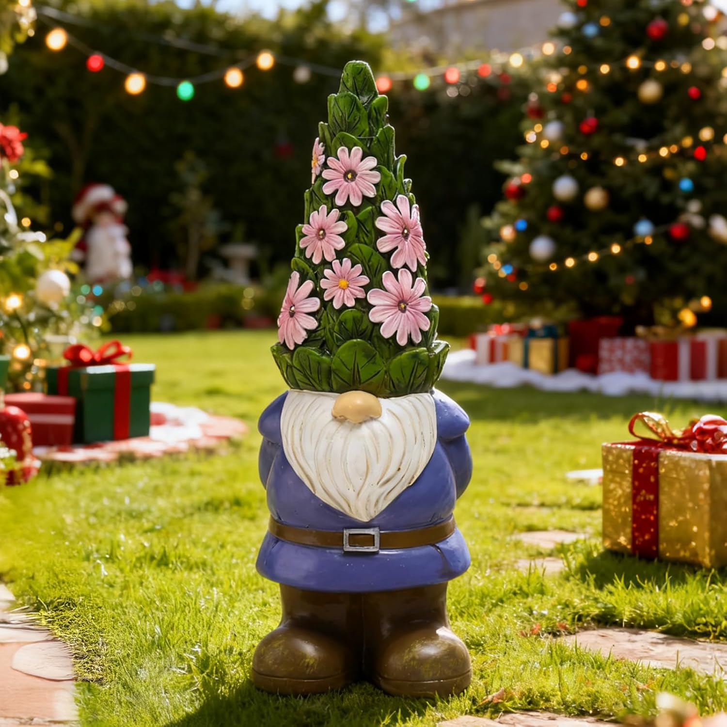 Showcases a festive garden gnome decoration to inspire holiday outdoor decorating.