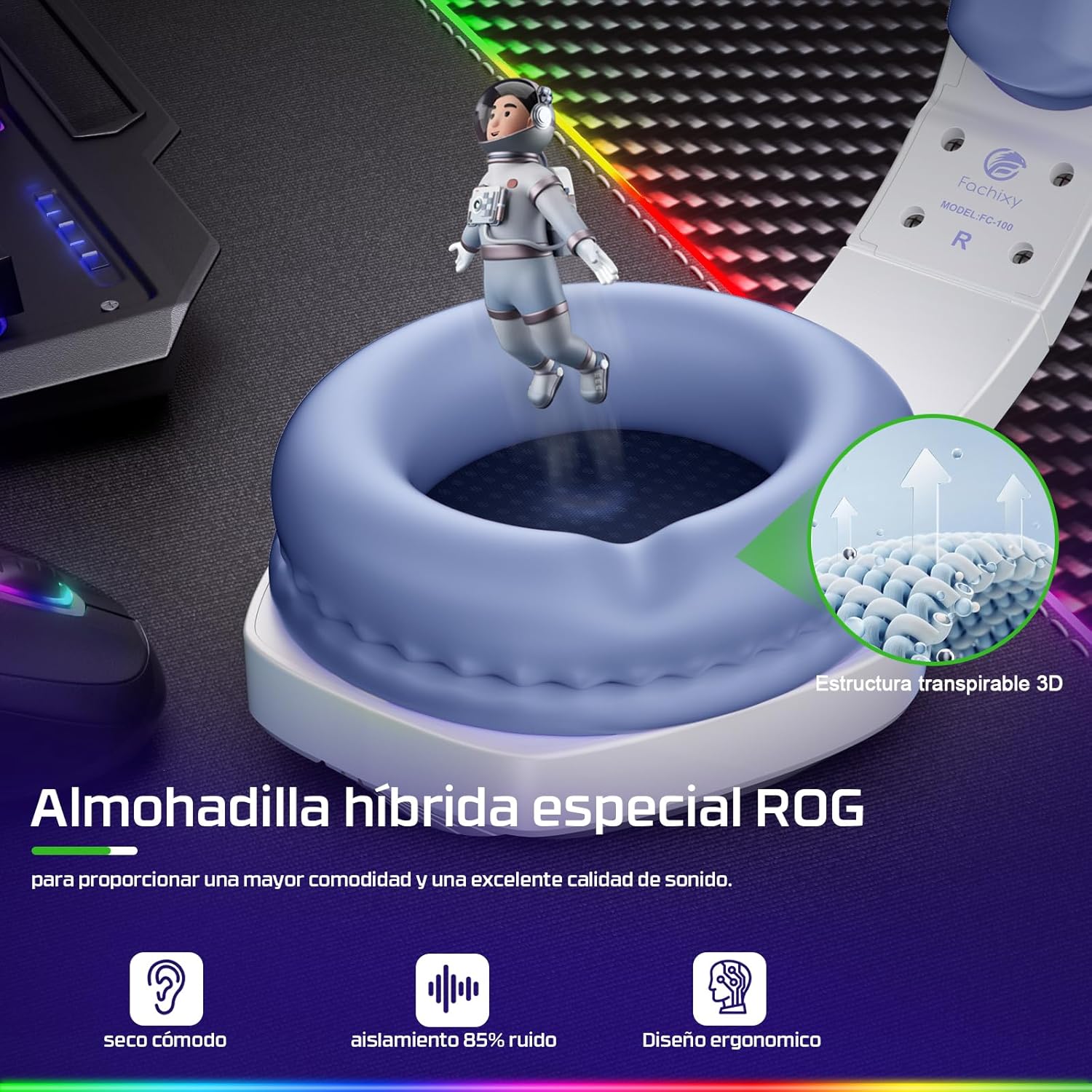 Highlights multiple benefits of the gaming headset cushion, including comfort, sound isolation, and breathable design.