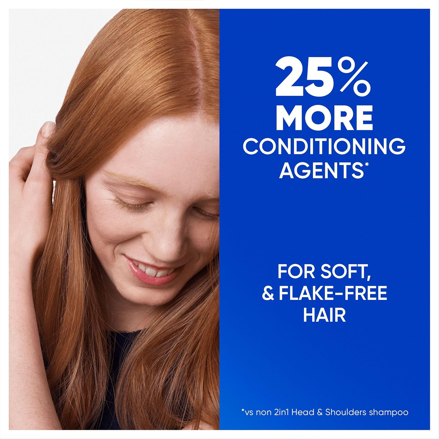 Highlights the product's increased conditioning power to reassure customers of softer, healthier hair. Emphasizes the key benefit of using the product - achieving soft hair without flakes.