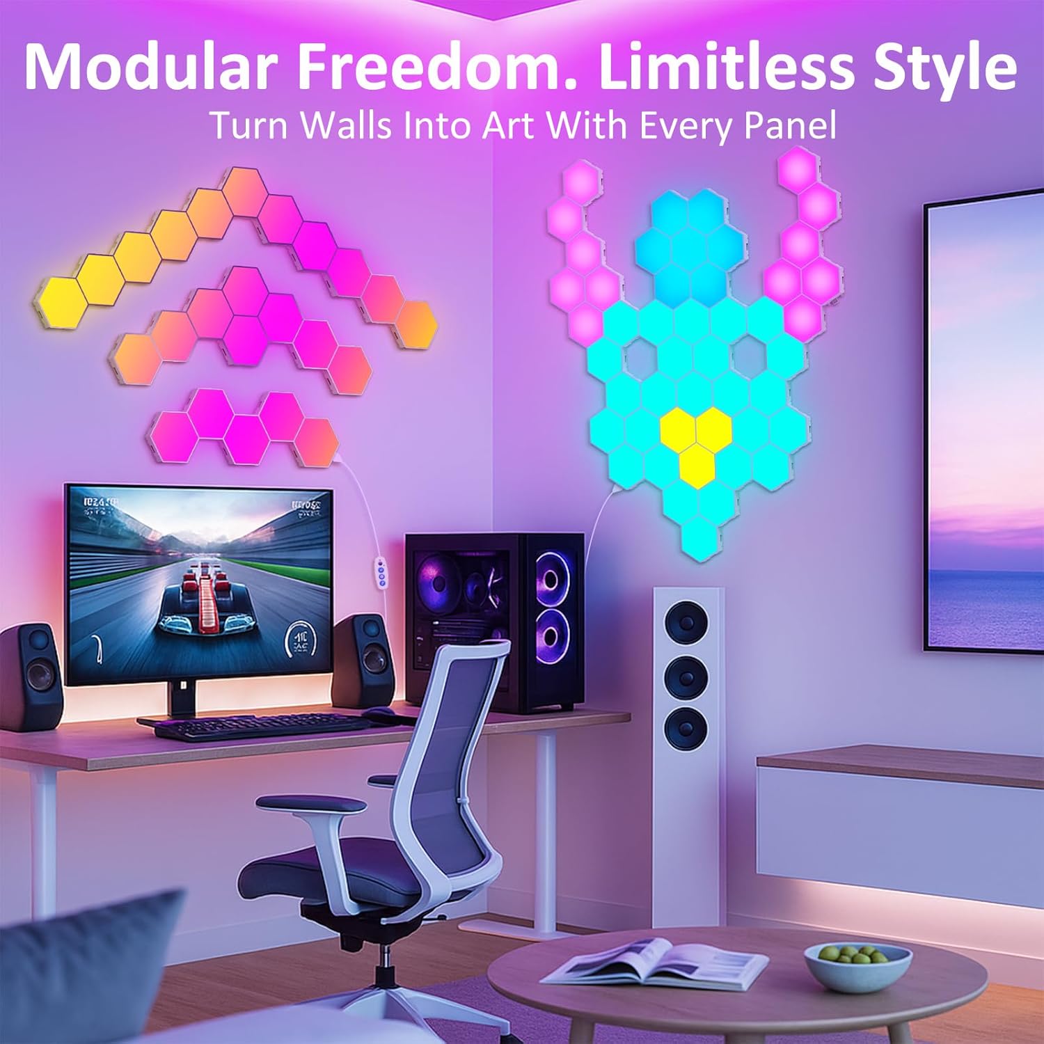 Demonstrates the versatility of the modular lighting panels as both functional lighting and decorative wall art. Highlights the product's modular nature, allowing users to create custom shapes and…