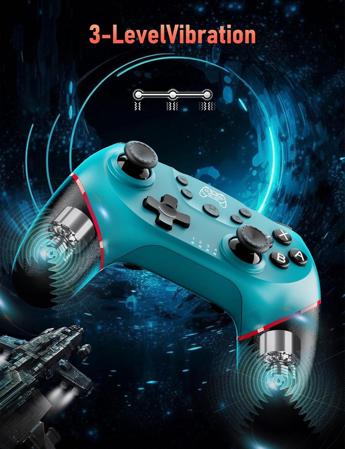 Highlights the game controller's vibration feature with 3 intensity levels to enhance gaming experience.