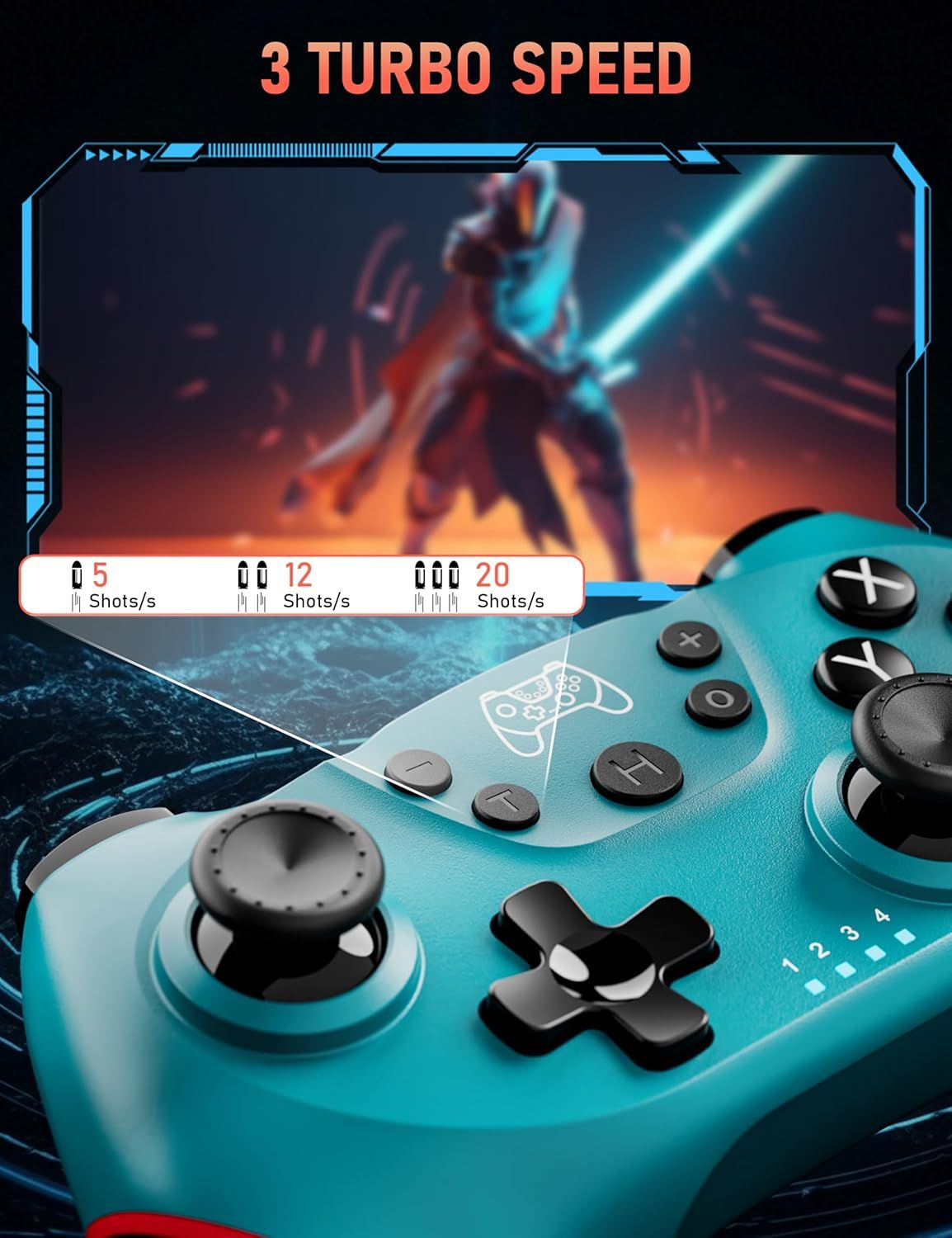 Highlights the controller's turbo speed feature, showing different shots per second rates to demonstrate improved gaming performance.