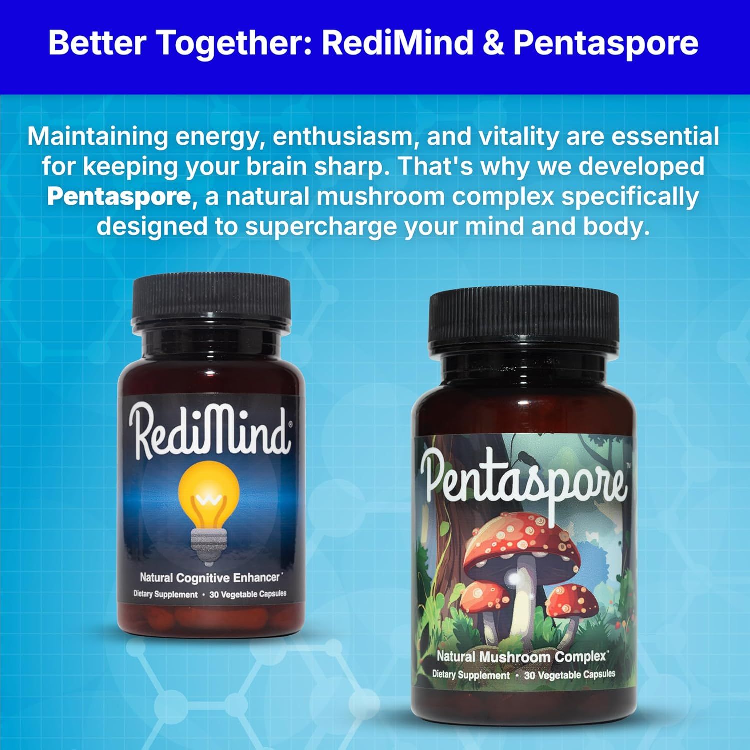 Highlights the complementary benefits of two supplement products for improving mental and physical performance.