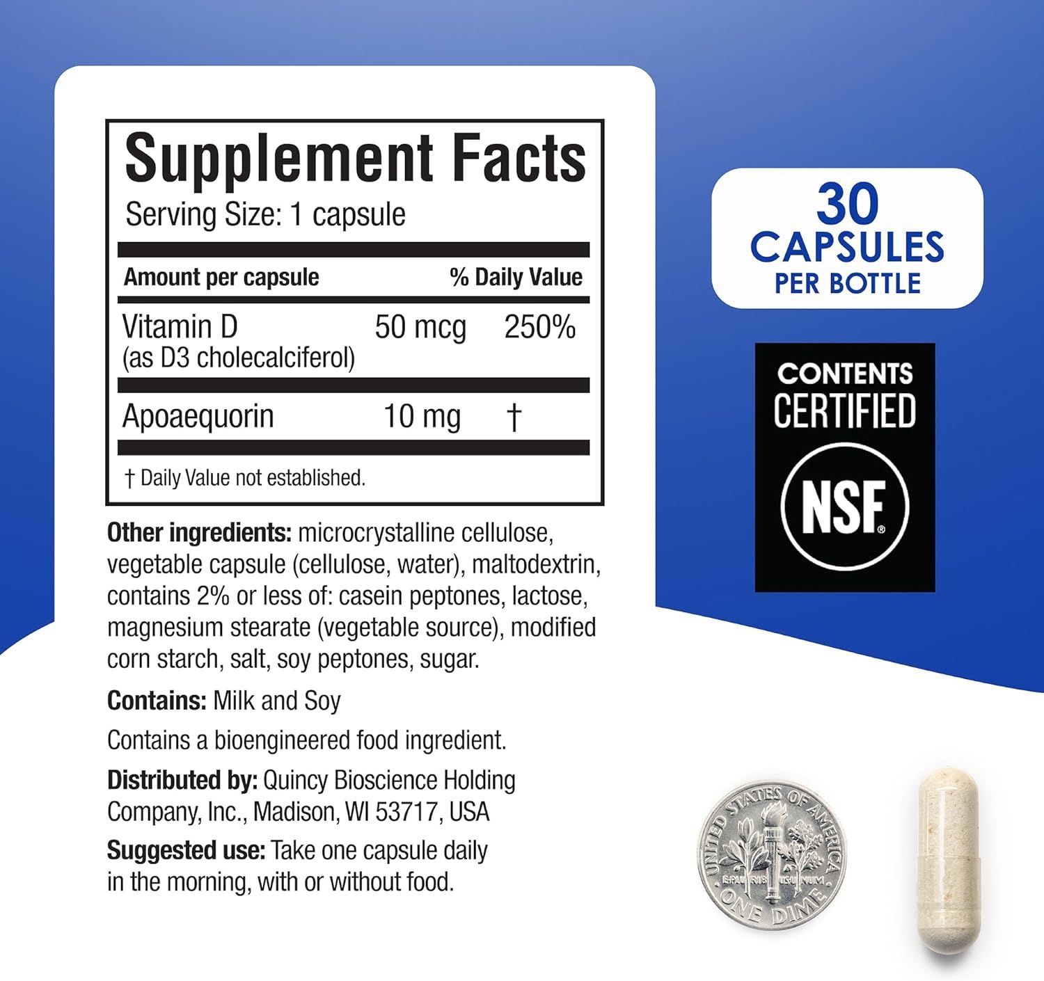 Shows the size of the supplement capsule compared to a dime to give customers a clear sense of its physical dimensions. Provides detailed information about the supplement's contents, serving size,…
