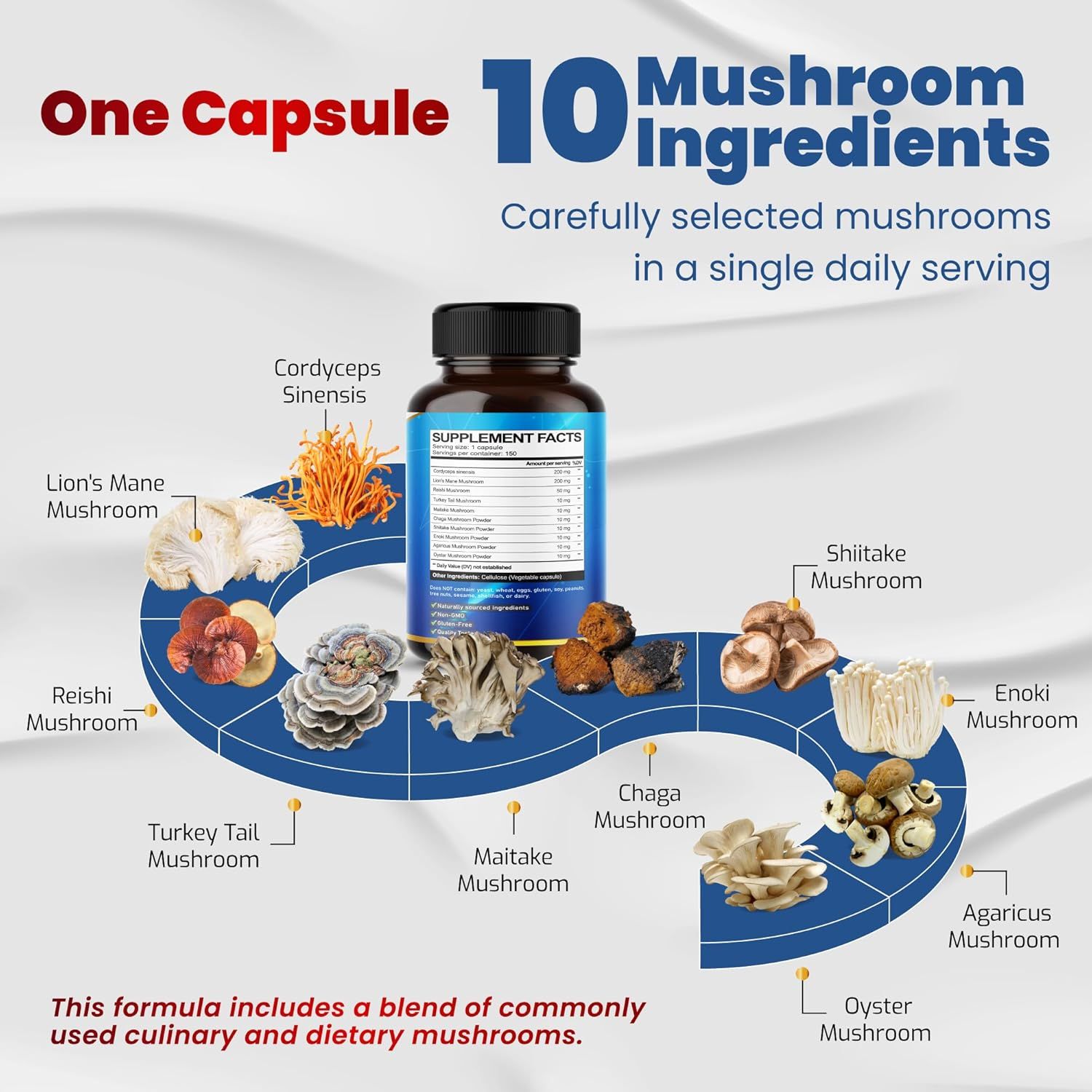 Highlights the product's diverse mushroom blend and convenience of a single daily capsule to appeal to health-conscious consumers seeking comprehensive mushroom supplements. Shows all the different…