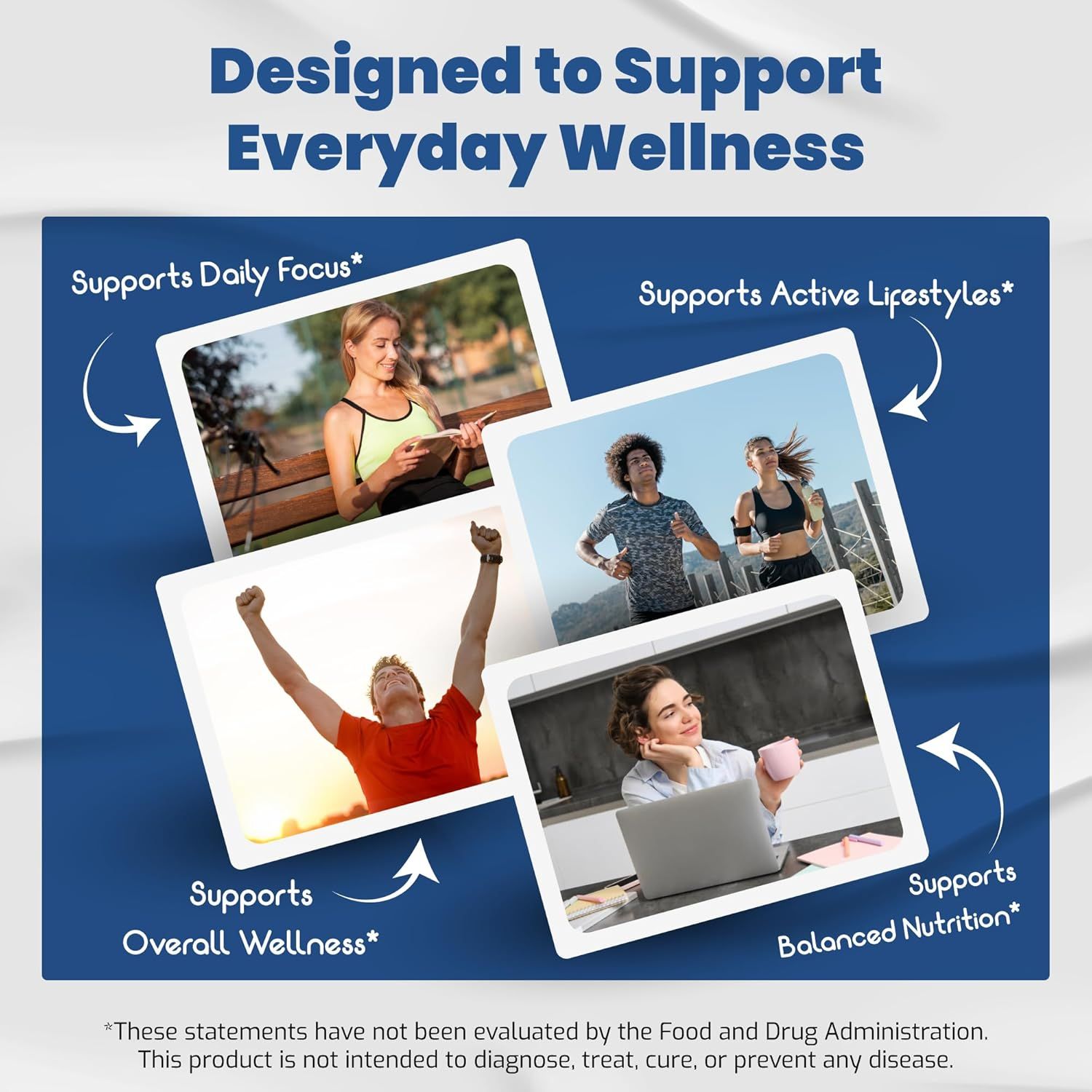 Showcases multiple wellness benefits of the product to appeal to health-conscious consumers looking for comprehensive support in their daily lives.