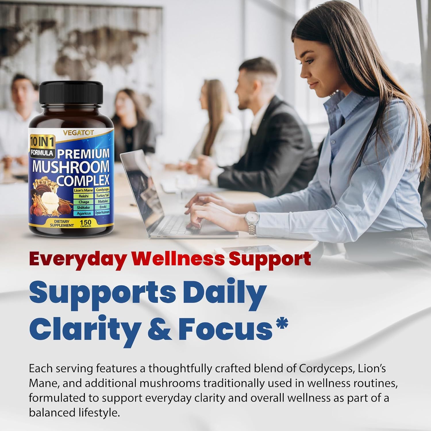 Highlights the product's ability to support overall wellness and mental clarity for daily use in a professional setting.