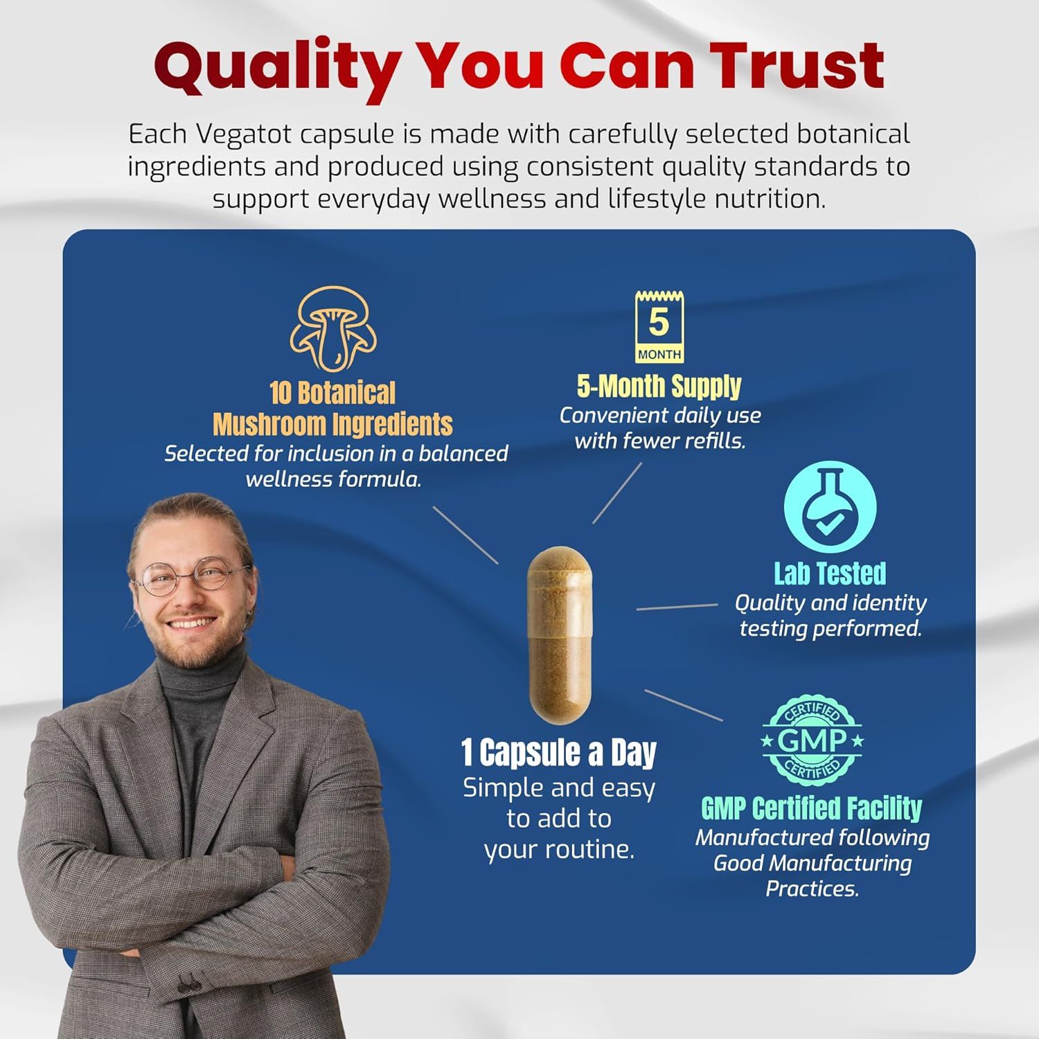 Highlights multiple quality and convenience features of the Vegatot capsules to build trust and demonstrate value to potential customers.