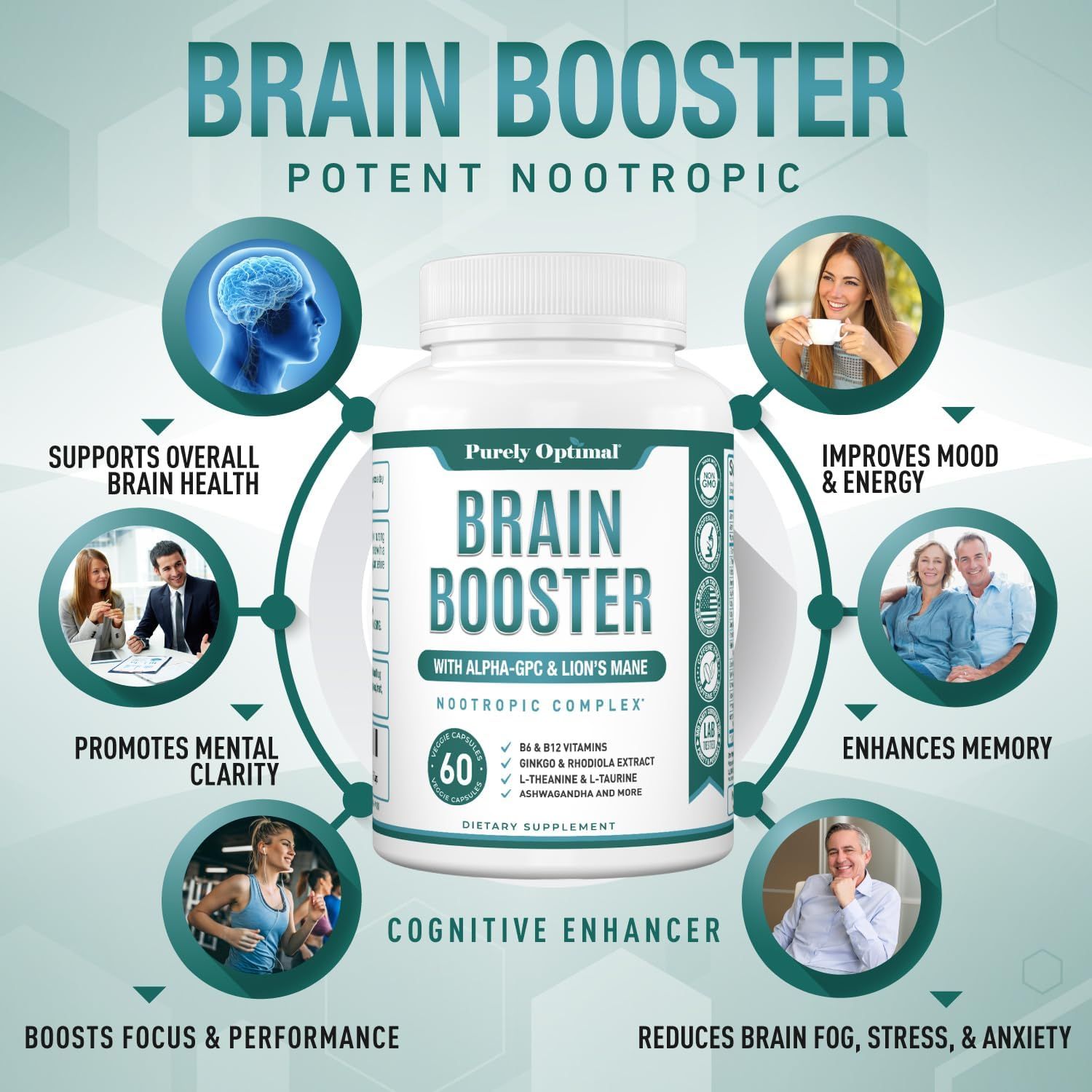 Highlights multiple cognitive benefits of the Brain Booster supplement to demonstrate its comprehensive effects on mental performance and wellbeing.