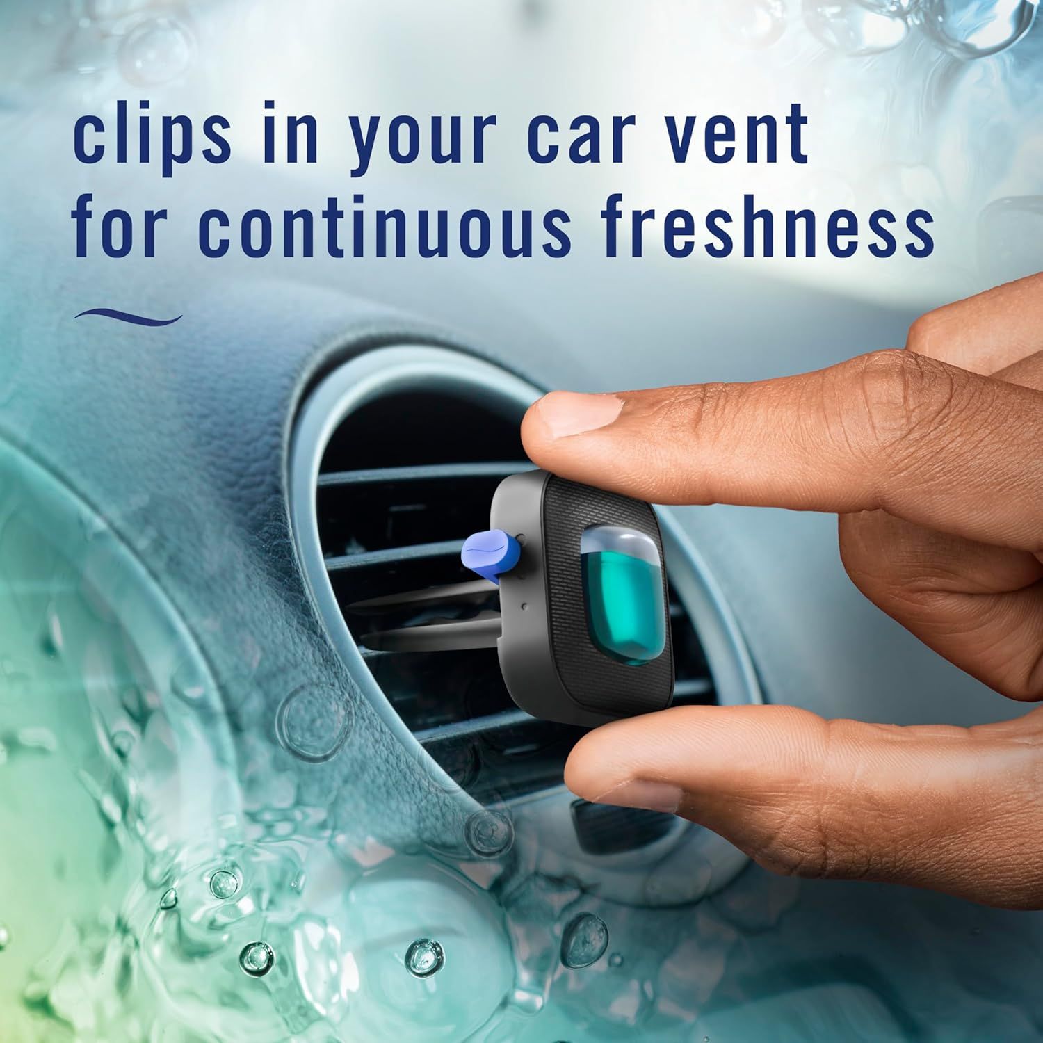 Demonstrates how the product clips easily into a car vent to provide continuous air freshening.