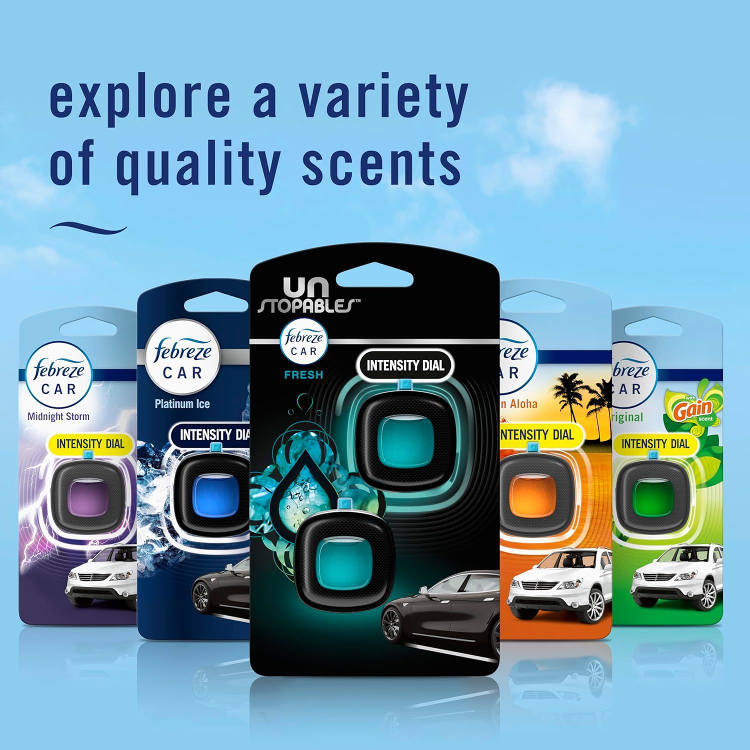 Showcases the range of car air freshener scents available, allowing customers to choose their preferred fragrance.