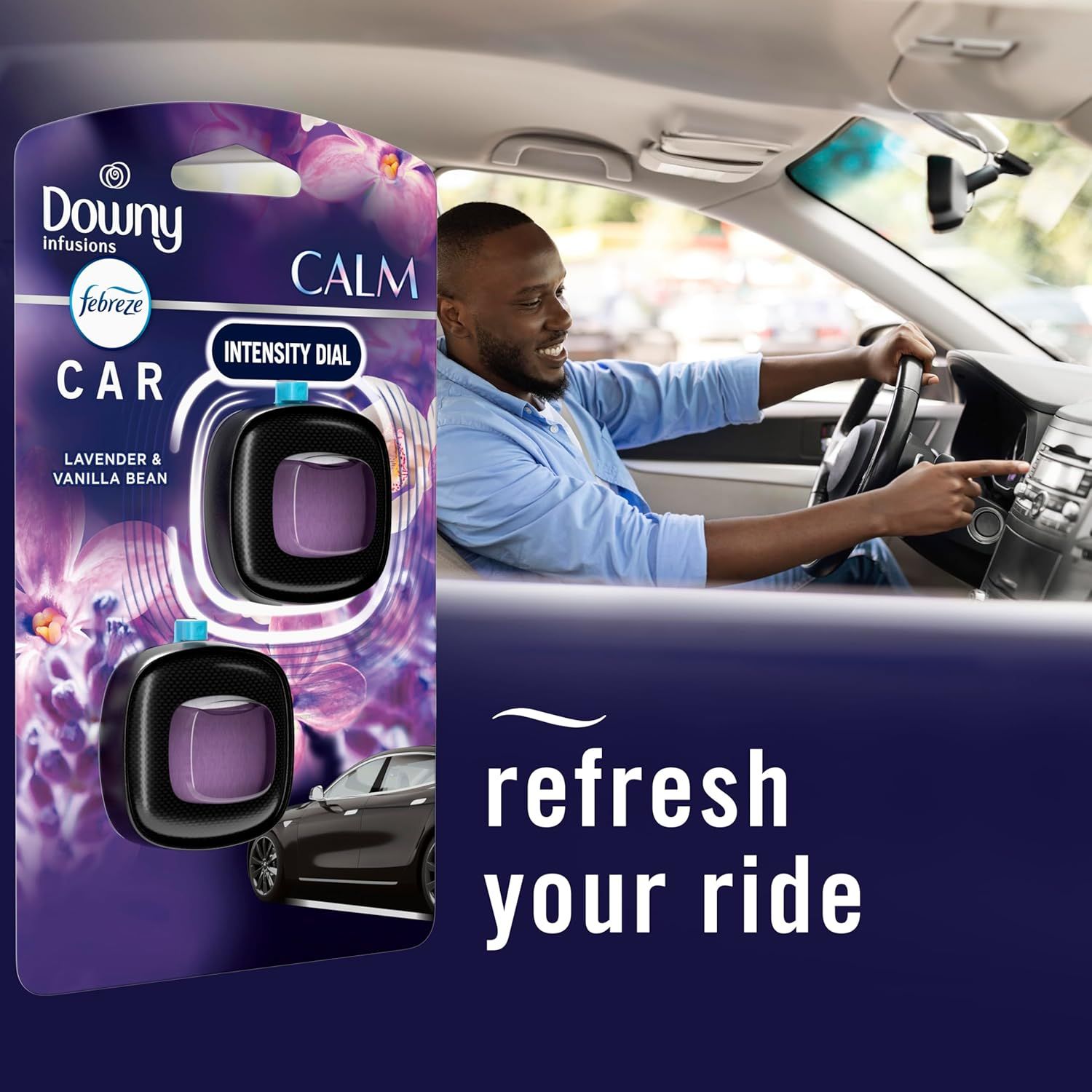 Demonstrates how the product can be used to refresh and improve the scent of a car interior, creating a more pleasant driving experience. Highlights the 'Calm' scent feature of the product,…
